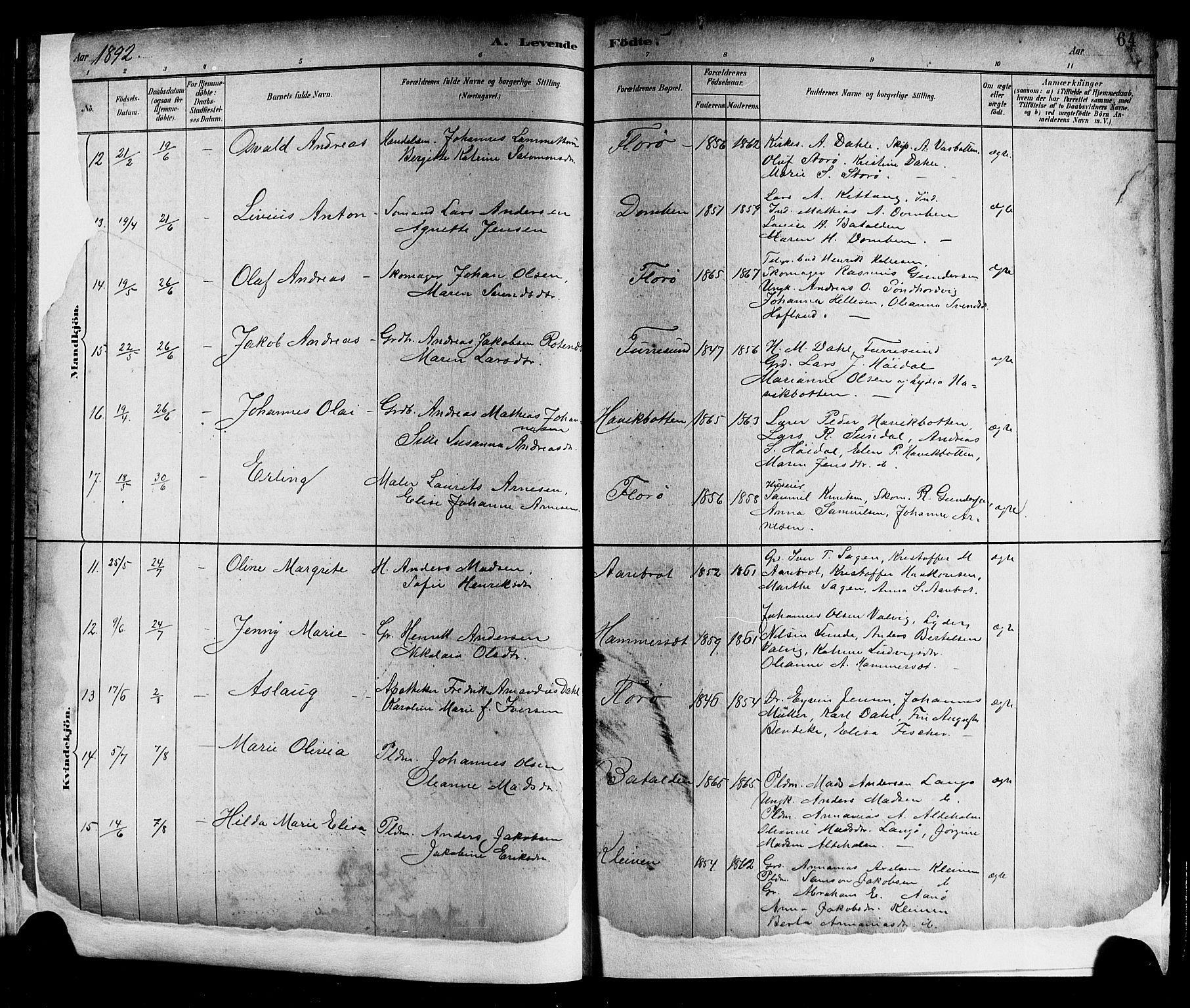 Kinn sokneprestembete, SAB/A-80801/H/Hab/Haba/L0002: Parish register (copy) no. A 2, 1882-1906, p. 64