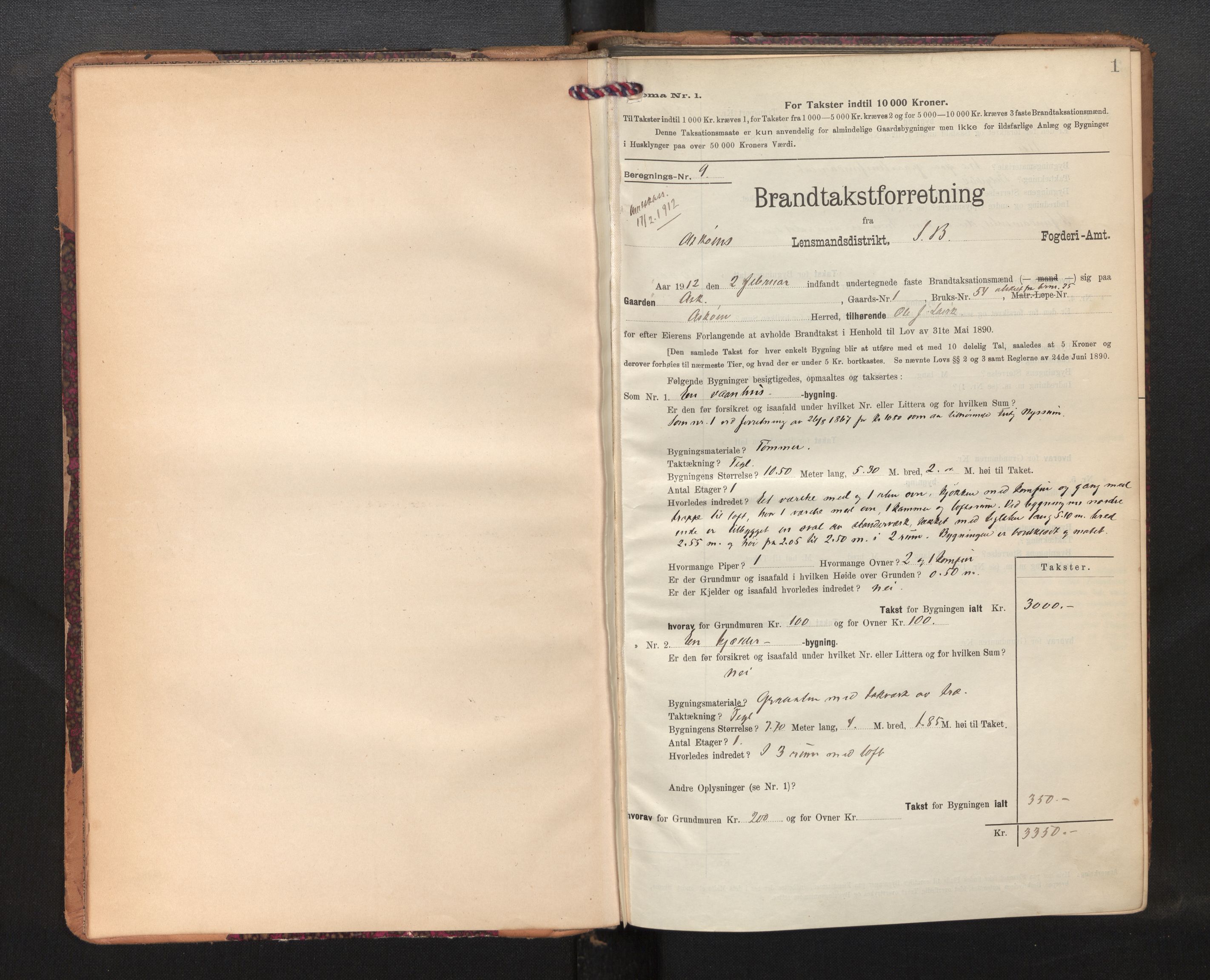 Lensmannen i Askøy, AV/SAB-A-31001/0012/L0007: Branntakstprotokoll, skjematakst, 1910-1919, p. 1