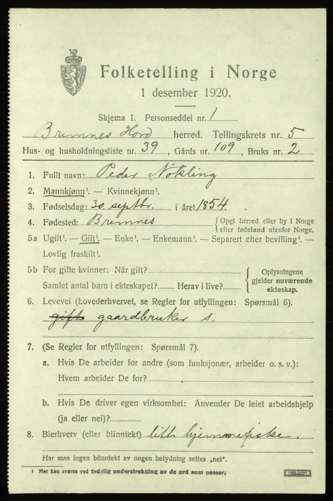 SAB, 1920 census for Bremnes, 1920, p. 3018