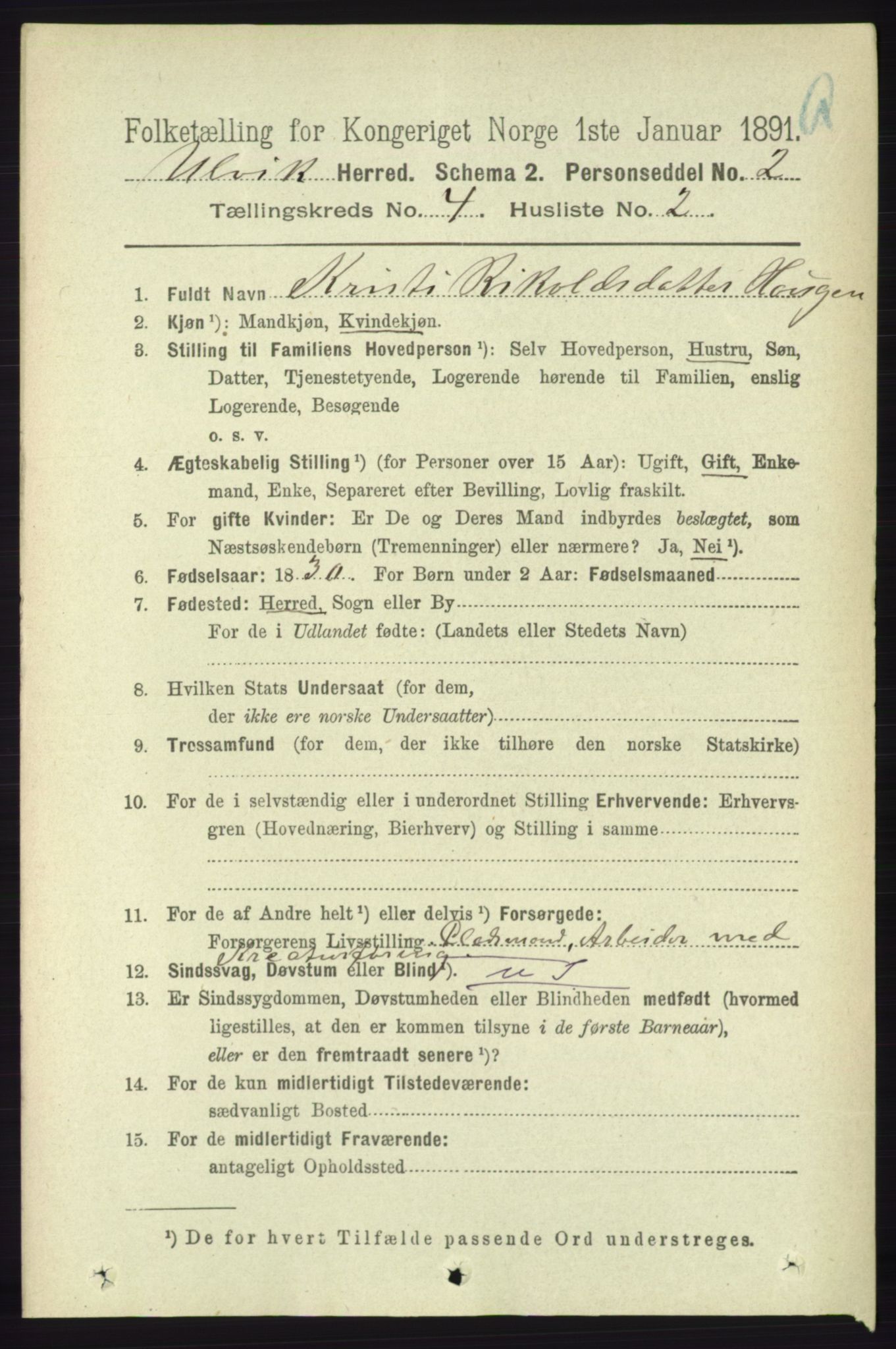 RA, 1891 census for 1233 Ulvik, 1891, p. 594