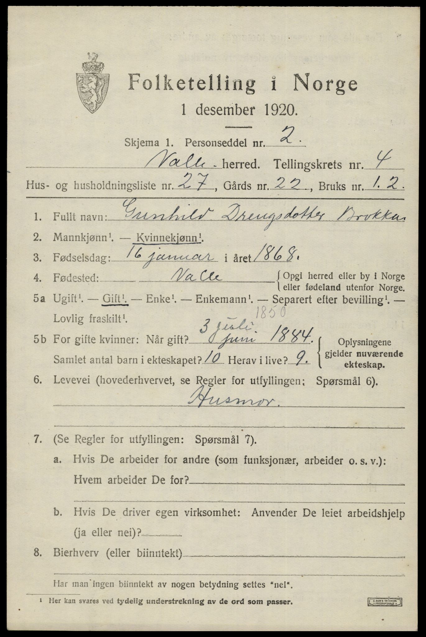 SAK, 1920 census for Valle, 1920, p. 2279