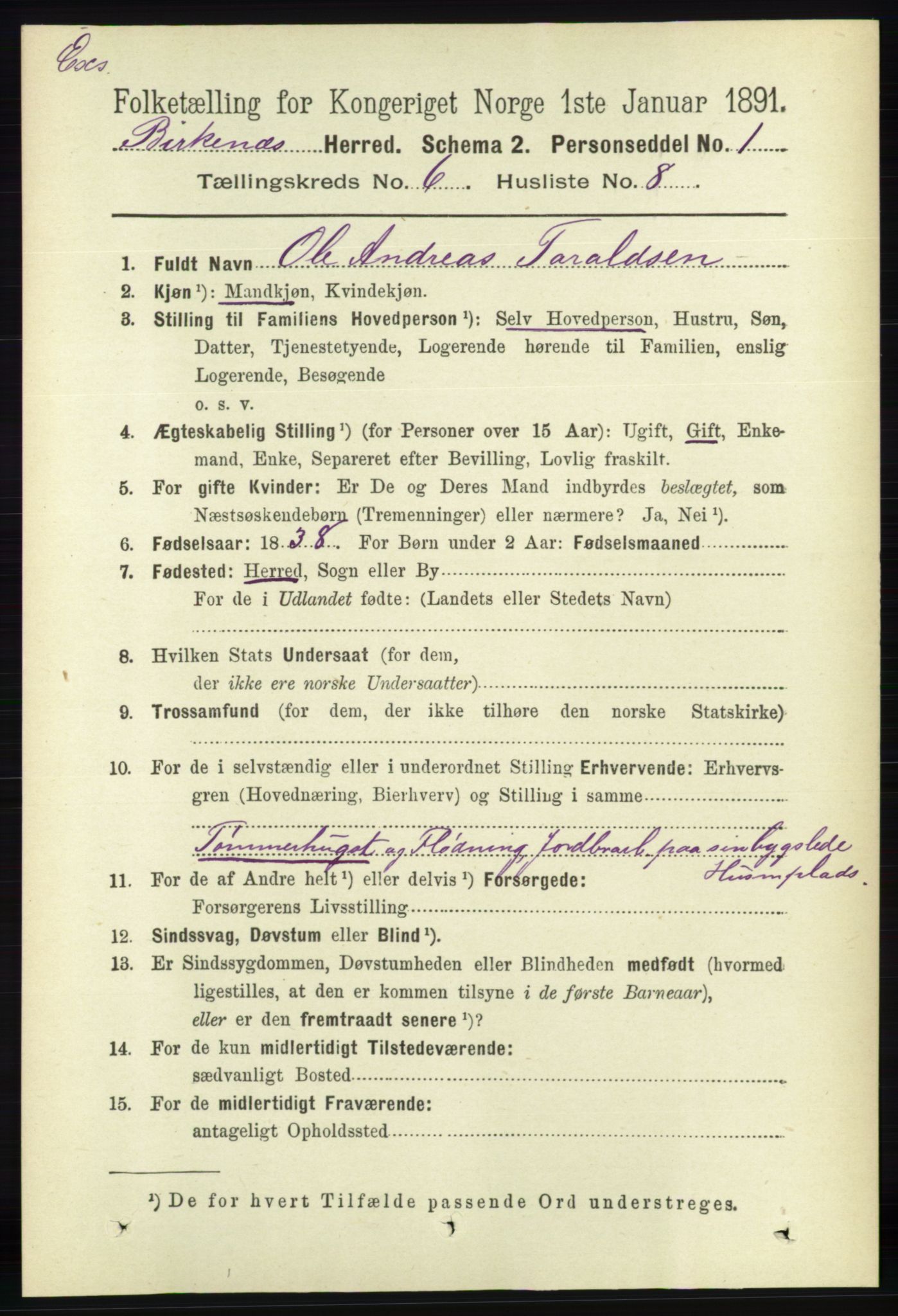 RA, Census 1891 for Nedenes amt: Gjenparter av personsedler for beslektede ektefeller, menn, 1891, p. 897