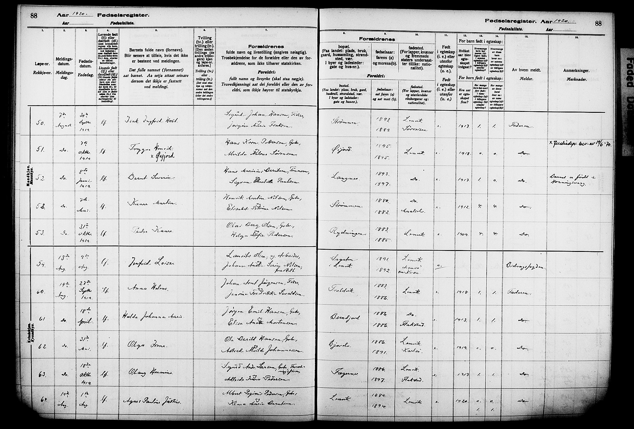 Lenvik sokneprestembete, SATØ/S-1310/I/Ic/L0089: Birth register no. 89, 1916-1926, p. 88