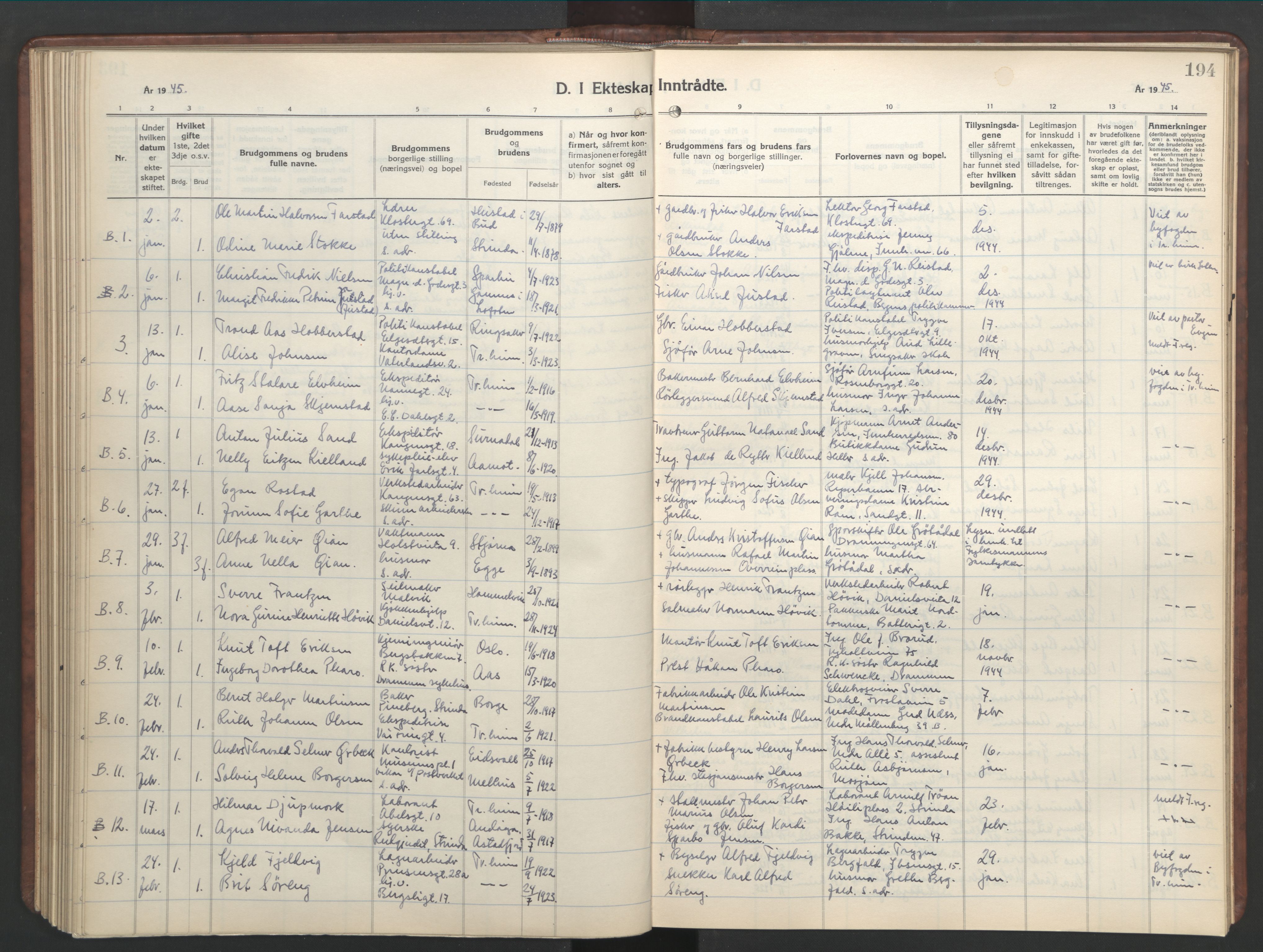 Ministerialprotokoller, klokkerbøker og fødselsregistre - Sør-Trøndelag, SAT/A-1456/601/L0101: Parish register (copy) no. 601C19, 1935-1946, p. 194