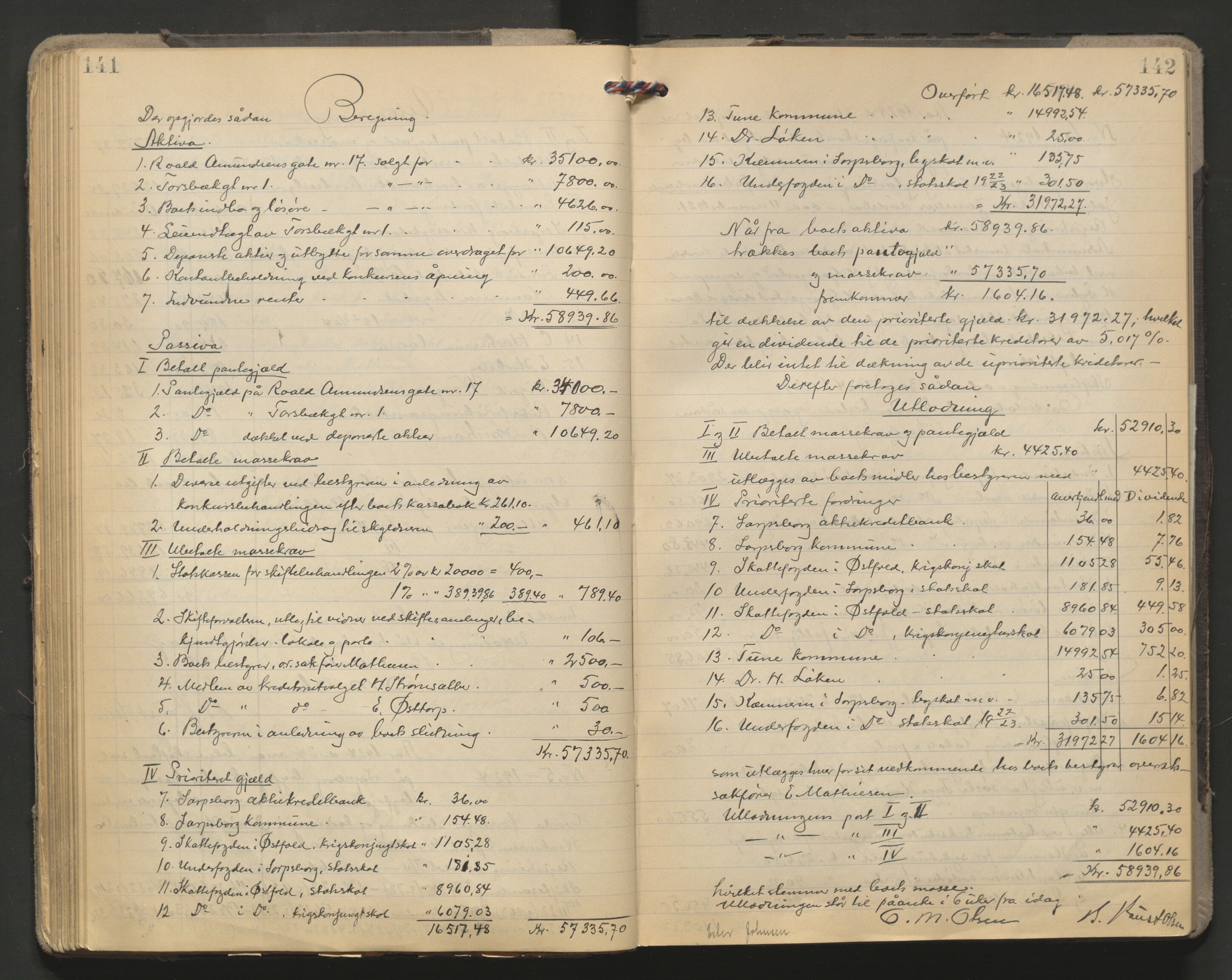 Sarpsborg byfogd, AV/SAO-A-10864/H/He/L0004: Skifteutlodningsprotokoll, 1920-1930, p. 141-142