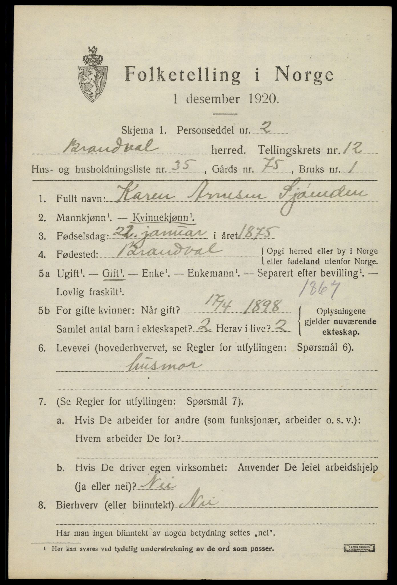 SAH, 1920 census for Brandval, 1920, p. 8840