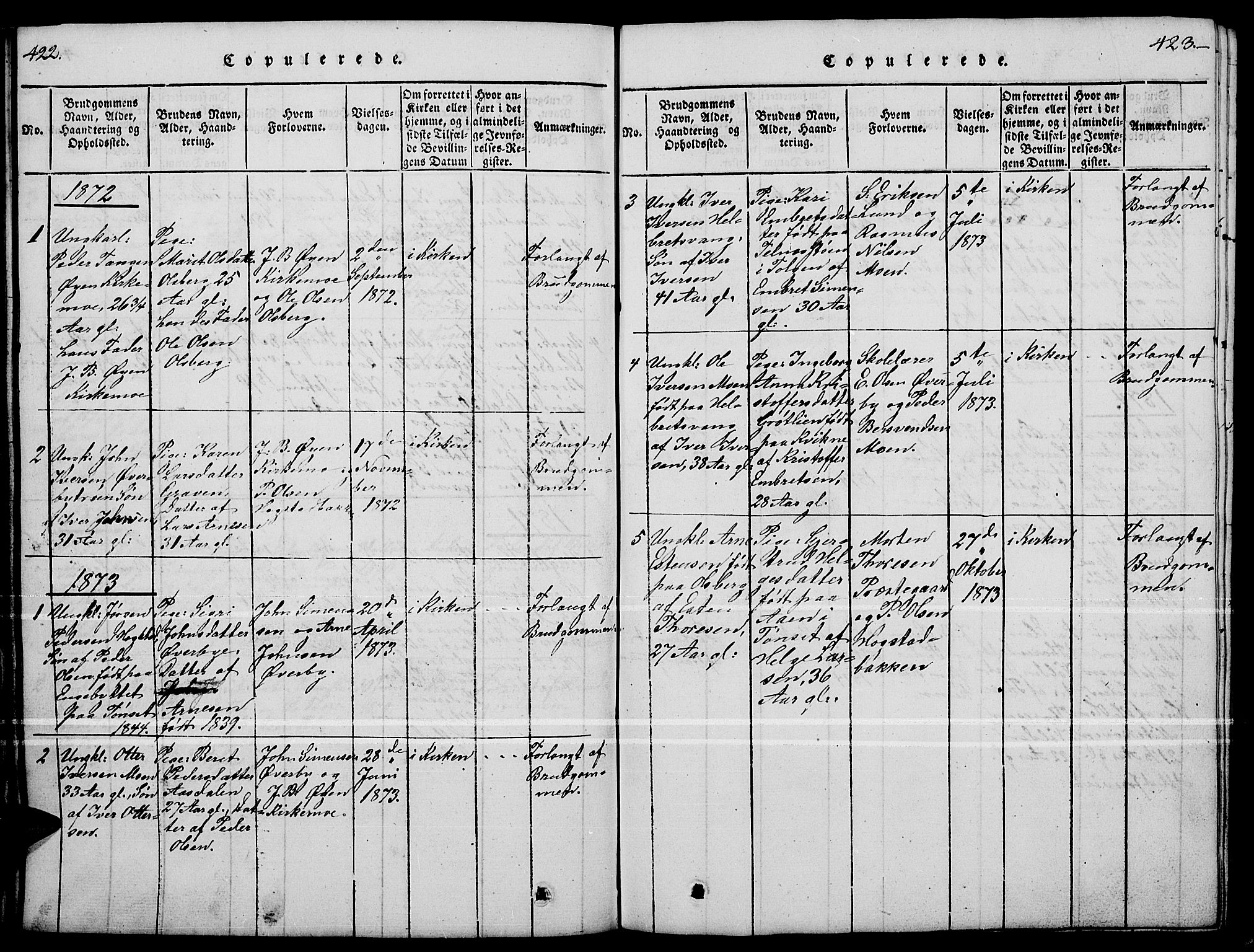 Tynset prestekontor, SAH/PREST-058/H/Ha/Hab/L0004: Parish register (copy) no. 4, 1814-1879, p. 422-423