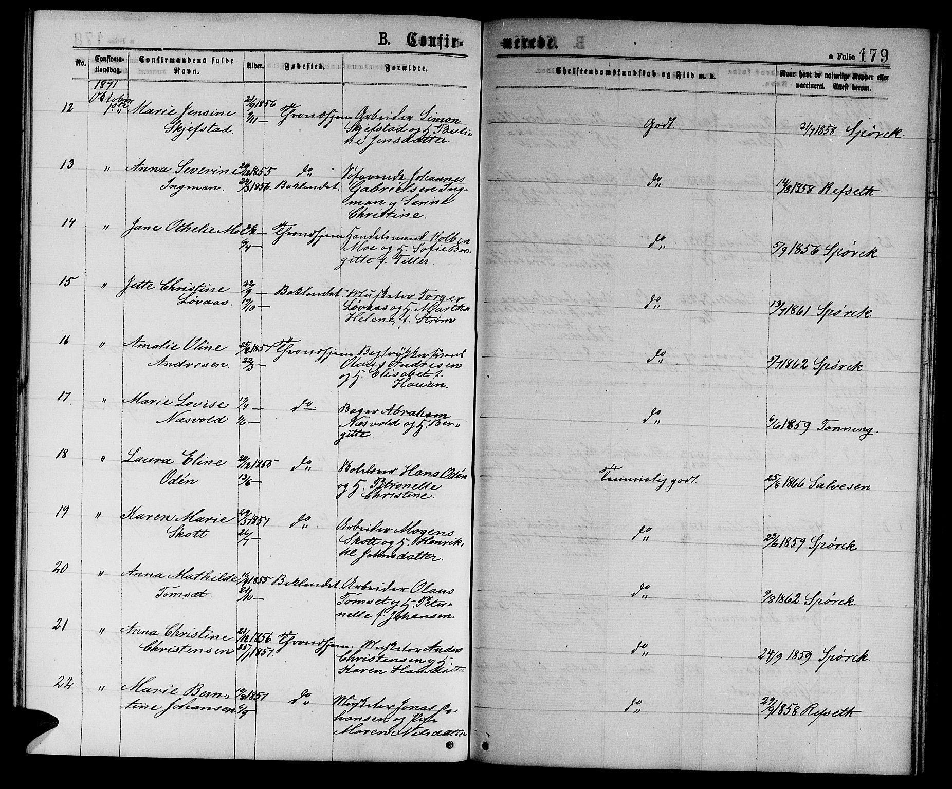 Ministerialprotokoller, klokkerbøker og fødselsregistre - Sør-Trøndelag, SAT/A-1456/601/L0088: Parish register (copy) no. 601C06, 1870-1878, p. 179
