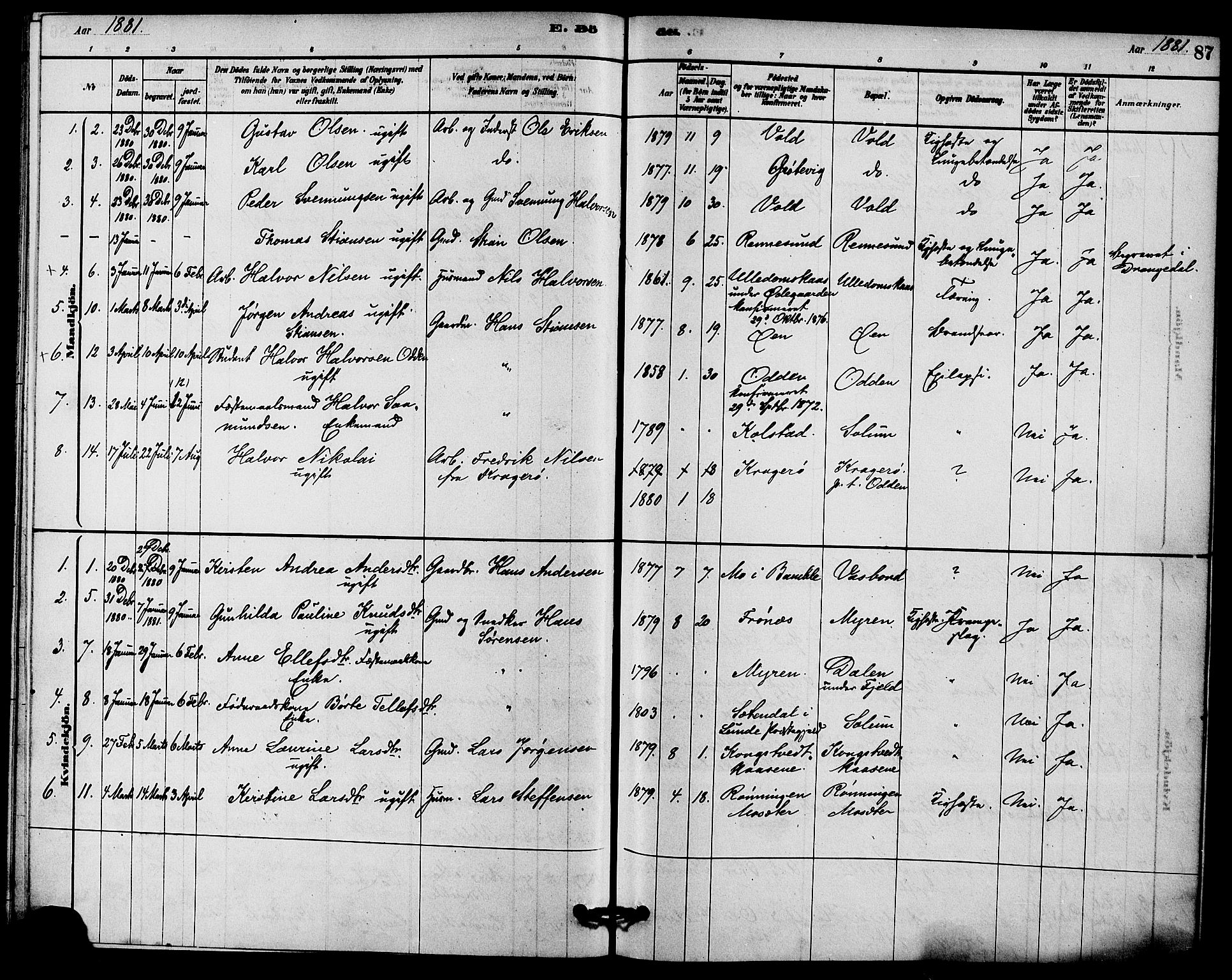 Solum kirkebøker, SAKO/A-306/F/Fc/L0001: Parish register (official) no. III 1, 1877-1891, p. 87