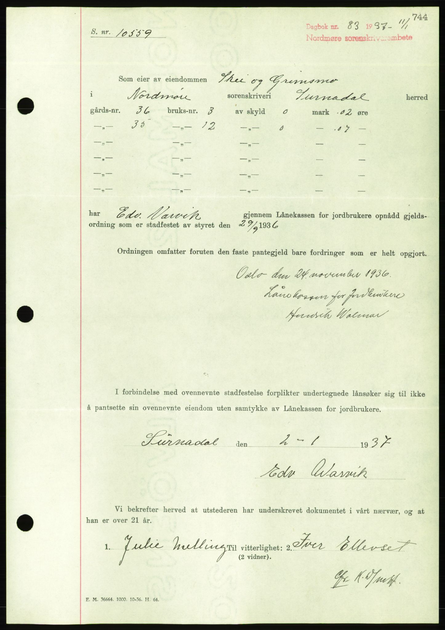 Nordmøre sorenskriveri, AV/SAT-A-4132/1/2/2Ca/L0090: Mortgage book no. B80, 1936-1937, Diary no: : 83/1937