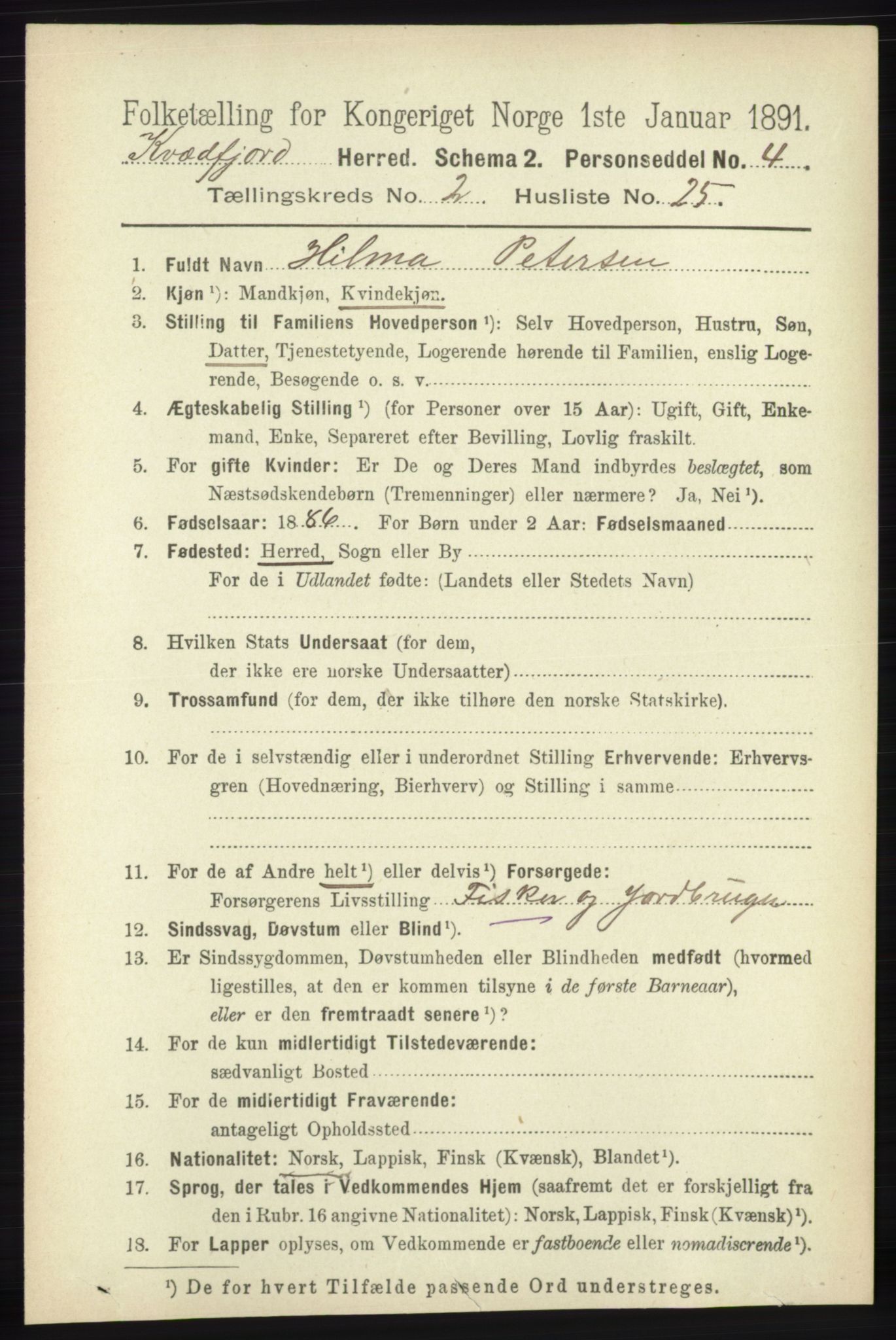 RA, 1891 census for 1911 Kvæfjord, 1891, p. 879