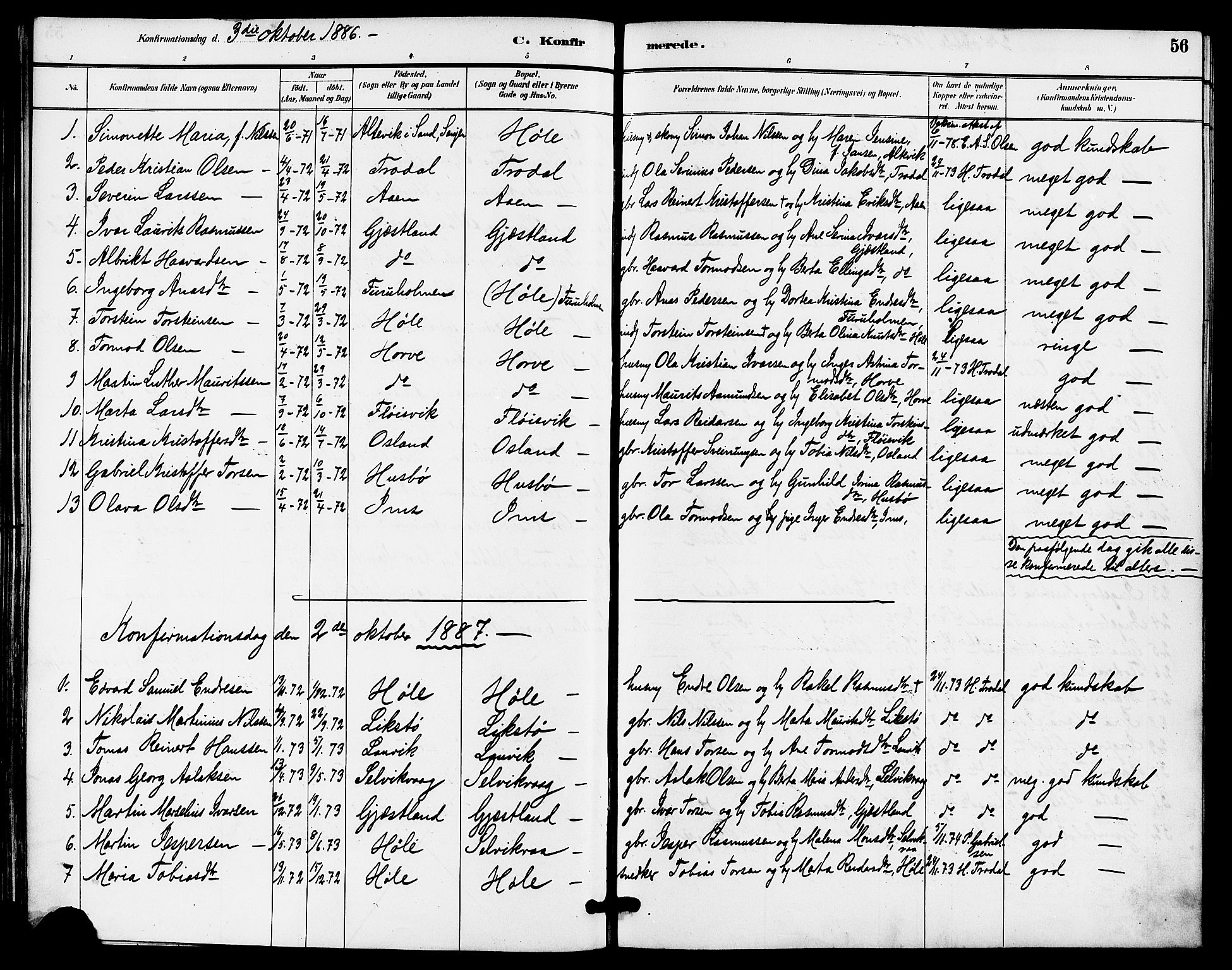 Høgsfjord sokneprestkontor, AV/SAST-A-101624/H/Ha/Haa/L0005: Parish register (official) no. A 5, 1885-1897, p. 56