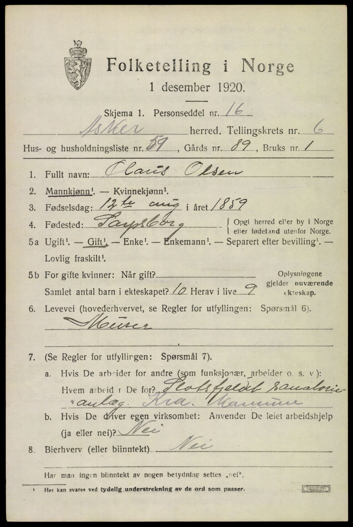 SAO, 1920 census for Asker, 1920, p. 16330