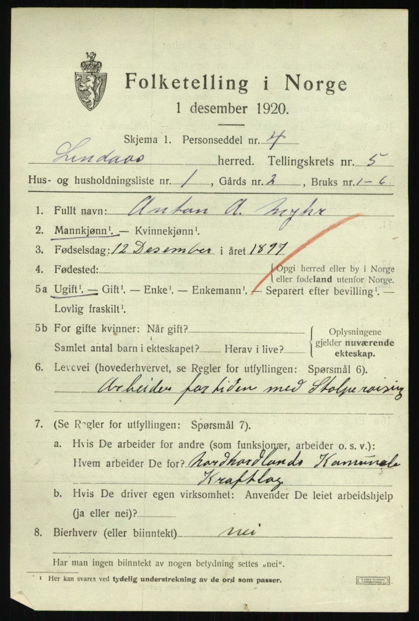 SAB, 1920 census for Lindås, 1920, p. 2837