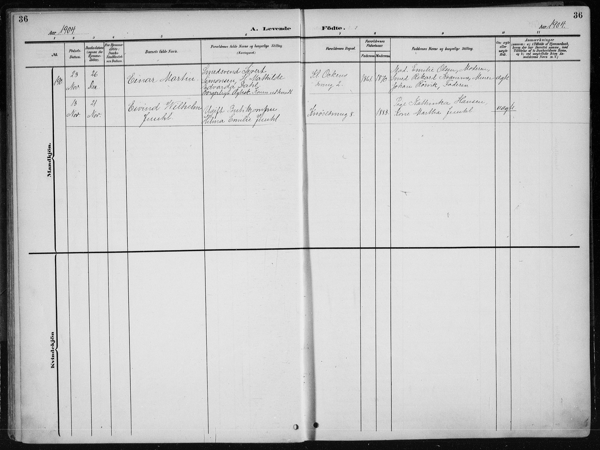 Nykirken Sokneprestembete, AV/SAB-A-77101/H/Haa/L0019: Parish register (official) no. B 7, 1904-1916, p. 36