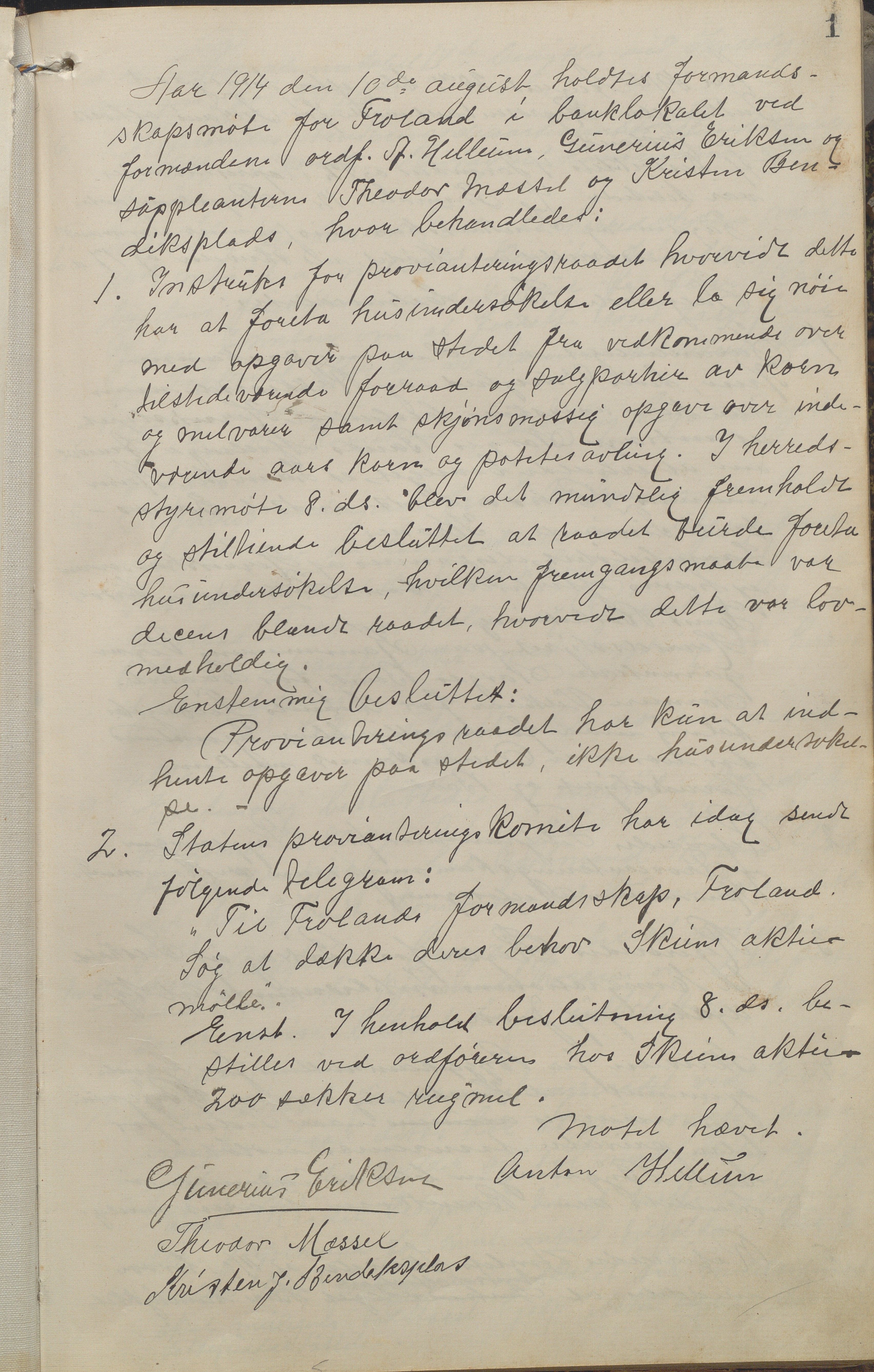 Froland kommune, Formannskap og Kommunestyre, AAKS/KA0919-120/A_1/L0005: Forhandlingsprotokoll, 1914-1923, p. 1