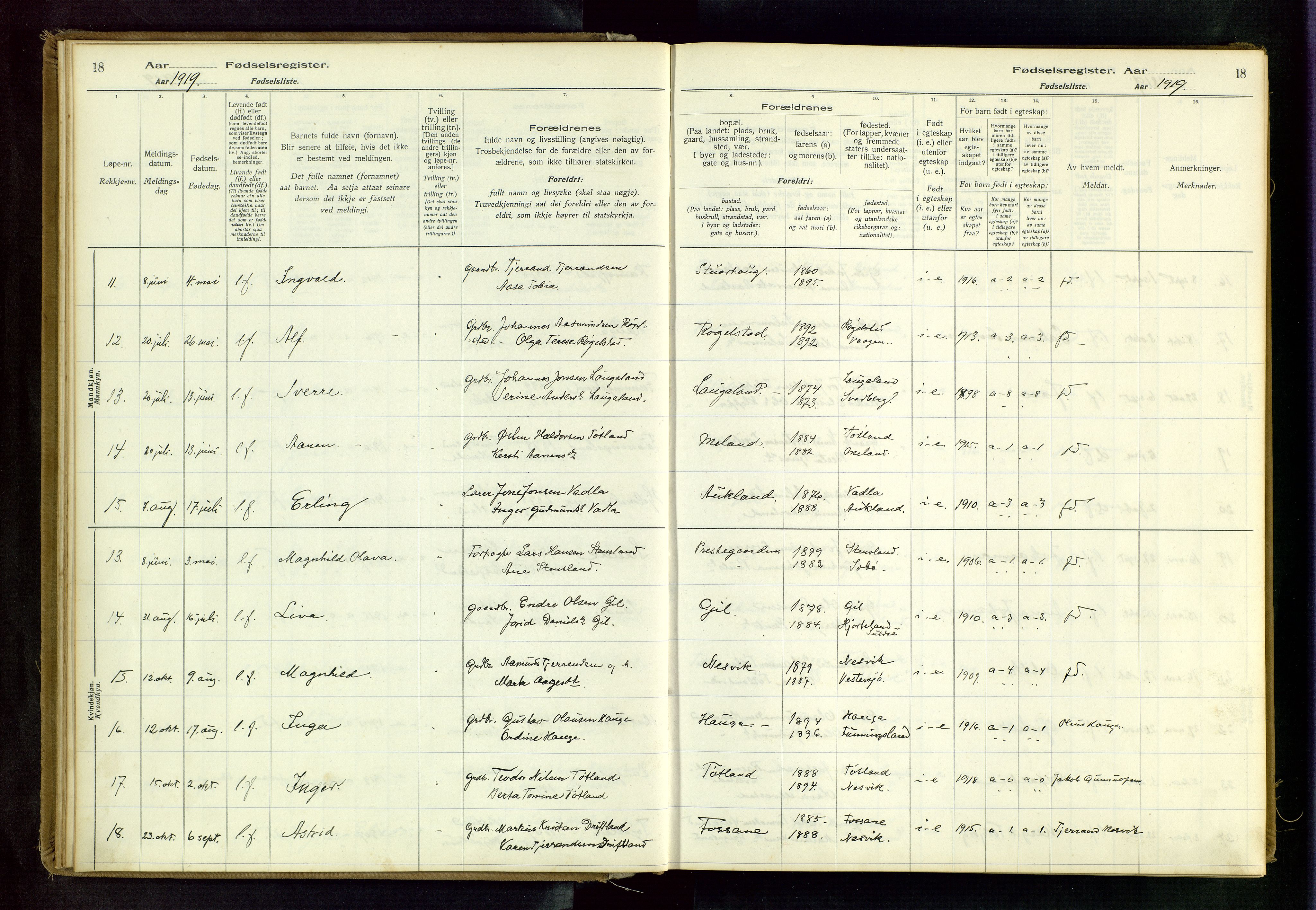 Hjelmeland sokneprestkontor, SAST/A-101843/02/B/L0001: Birth register no. 1, 1916-1963, p. 18