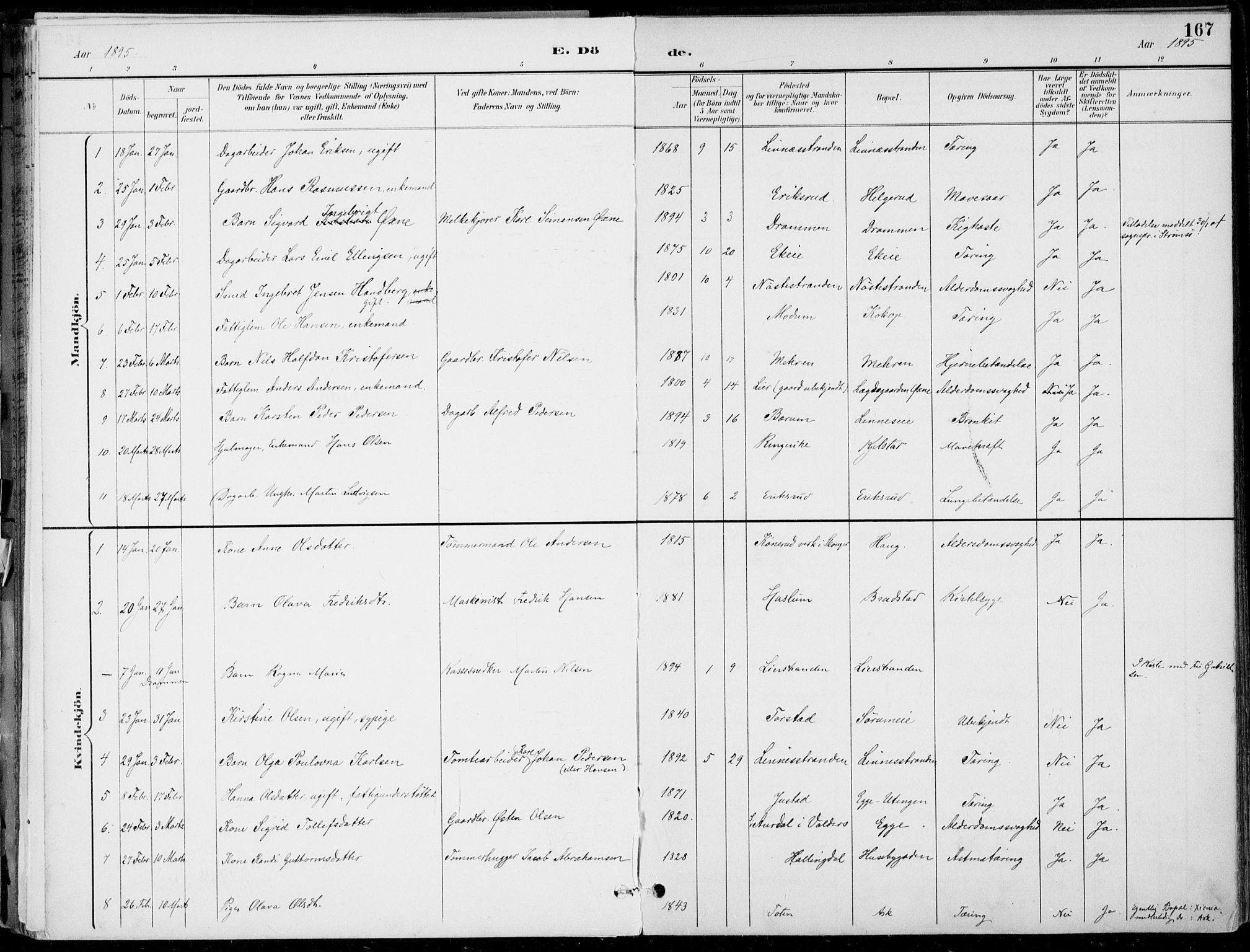 Lier kirkebøker, SAKO/A-230/F/Fa/L0016: Parish register (official) no. I 16, 1895-1900, p. 167