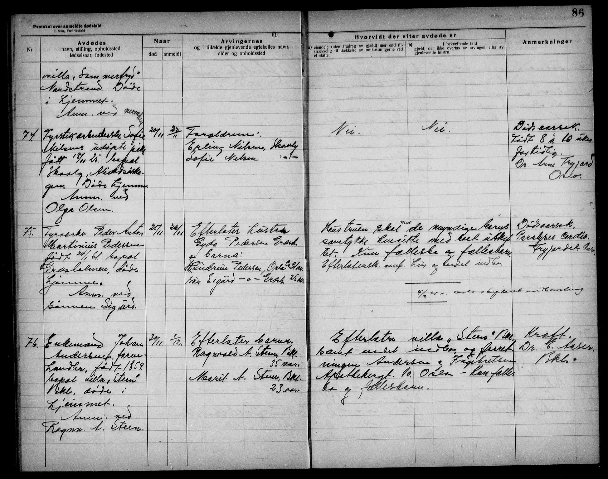 Aker kriminaldommer, skifte- og auksjonsforvalterembete, AV/SAO-A-10452/H/Hb/Hba/Hbad/L0001: Dødsfallsprotokoll for Nordstrand, 1922-1929, p. 86