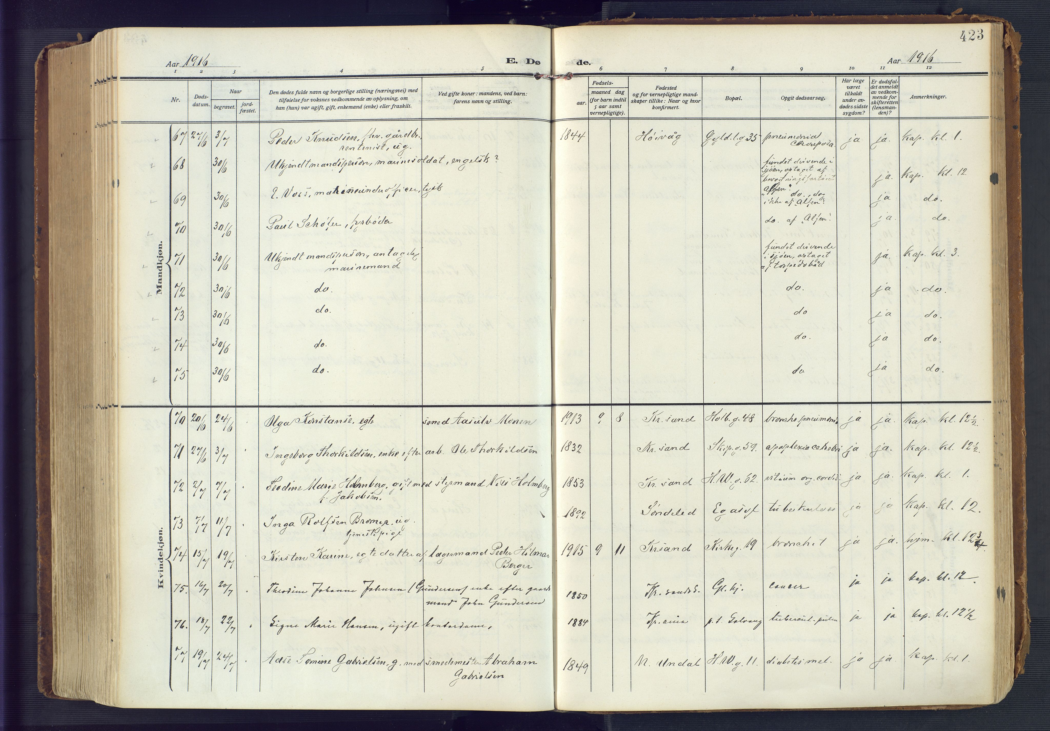 Kristiansand domprosti, AV/SAK-1112-0006/F/Fa/L0023: Parish register (official) no. A 22, 1909-1917, p. 423