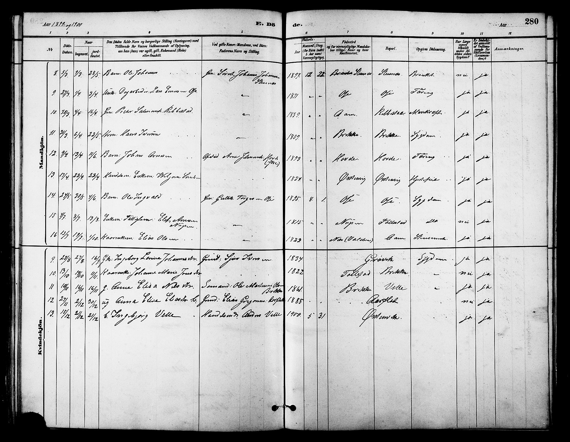 Ministerialprotokoller, klokkerbøker og fødselsregistre - Møre og Romsdal, AV/SAT-A-1454/513/L0189: Parish register (copy) no. 513C03, 1883-1904, p. 280