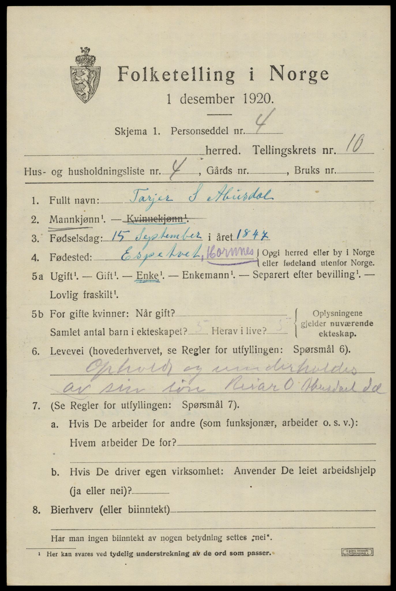 SAK, 1920 census for Hornnes, 1920, p. 2539