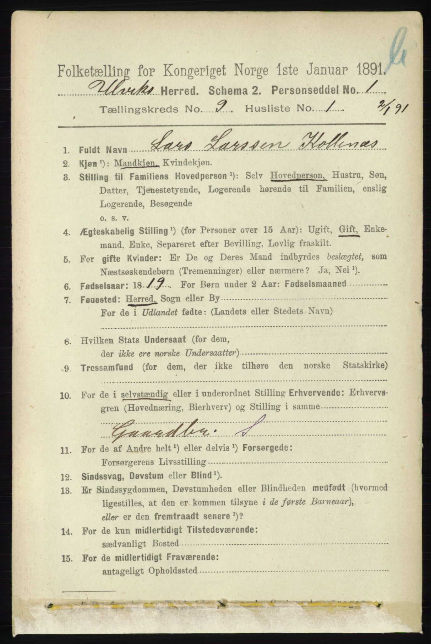 RA, 1891 census for 1233 Ulvik, 1891, p. 2873