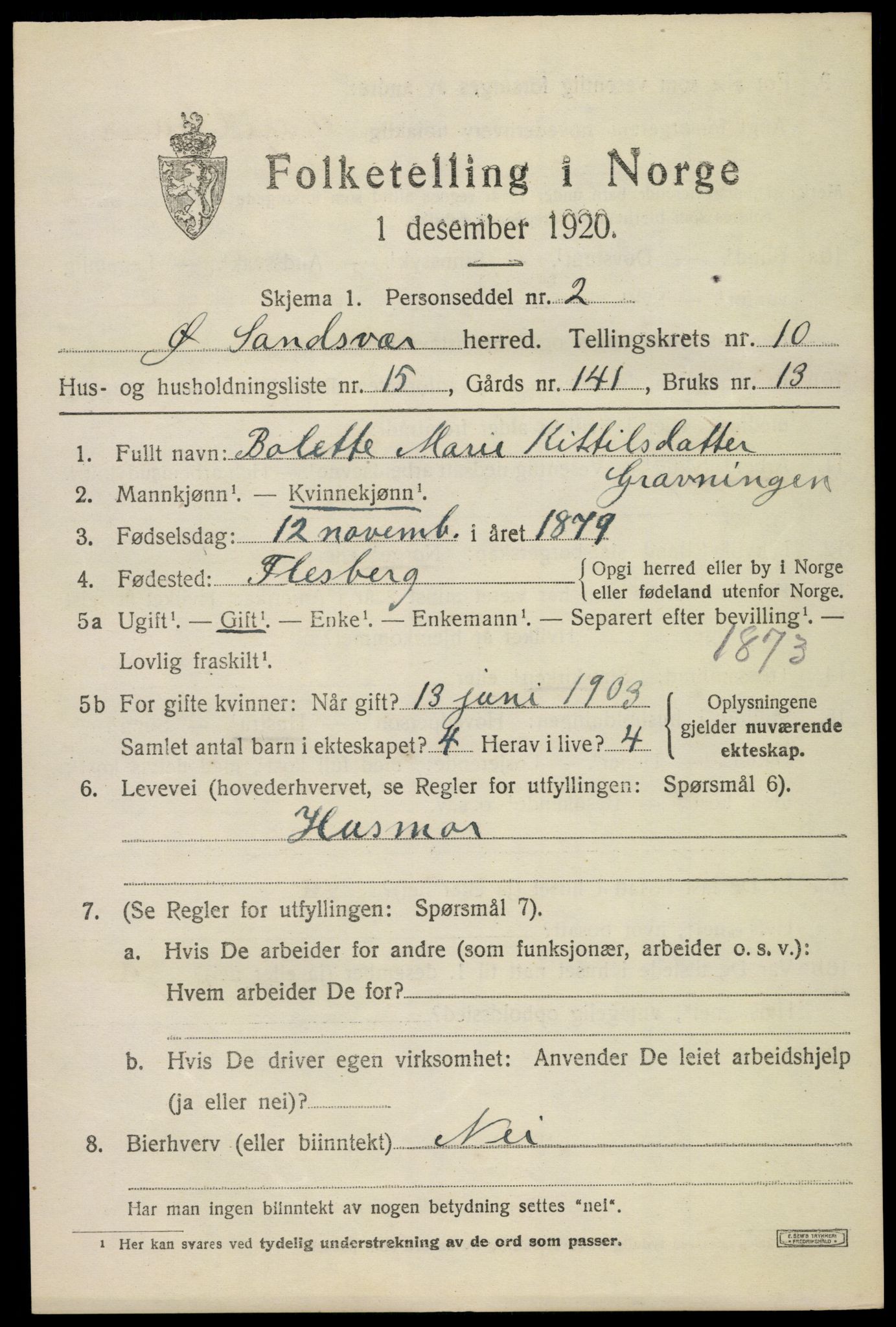 SAKO, 1920 census for Øvre Sandsvær, 1920, p. 5704