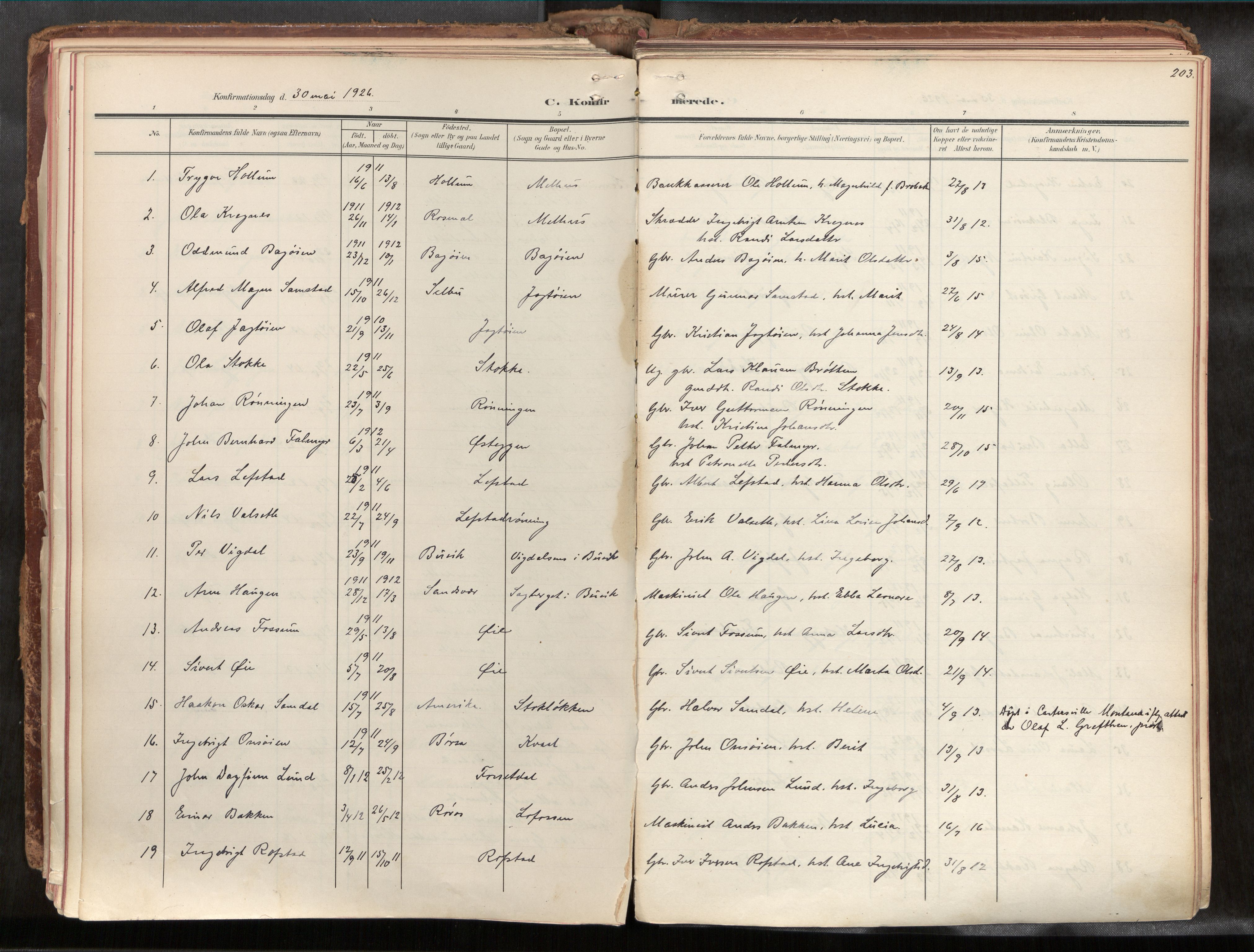 Ministerialprotokoller, klokkerbøker og fødselsregistre - Sør-Trøndelag, SAT/A-1456/691/L1085b: Parish register (official) no. 691A18, 1908-1930, p. 203