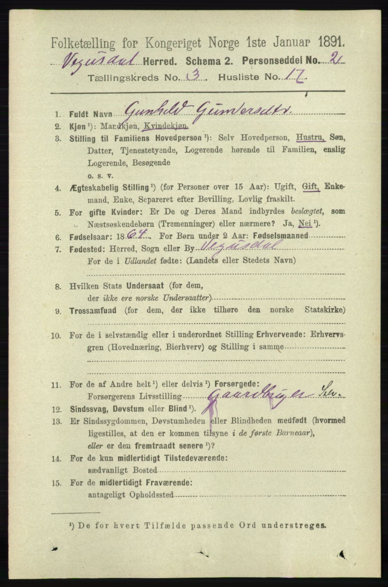 RA, 1891 census for 0934 Vegusdal, 1891, p. 681