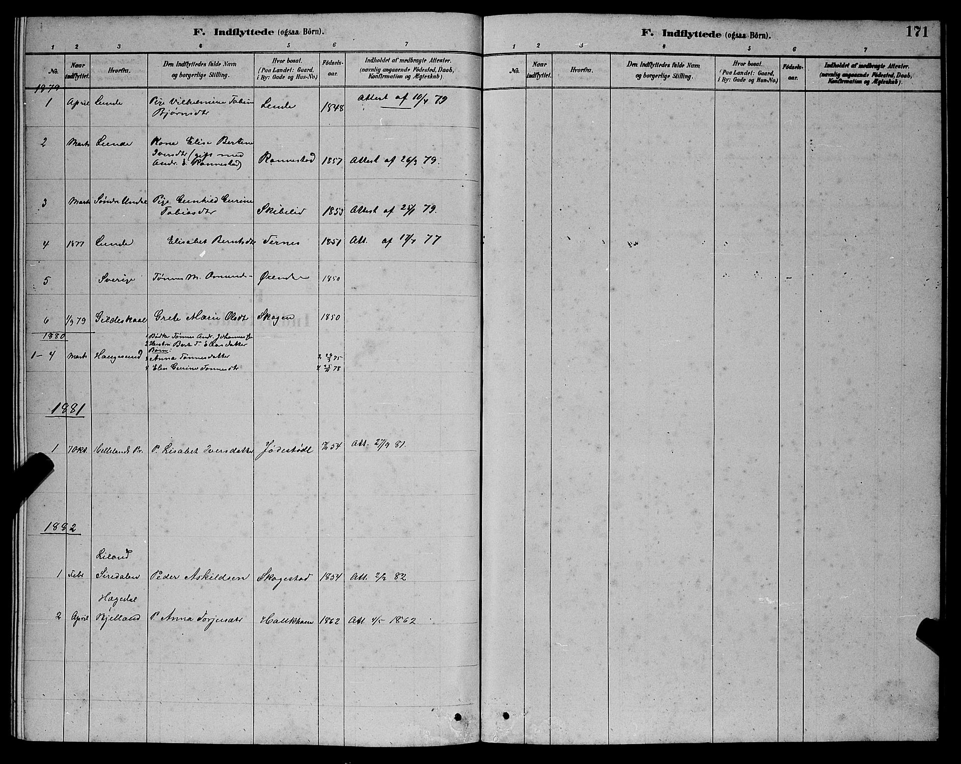 Bakke sokneprestkontor, SAK/1111-0002/F/Fb/Fba/L0002: Parish register (copy) no. B 2, 1879-1893, p. 171