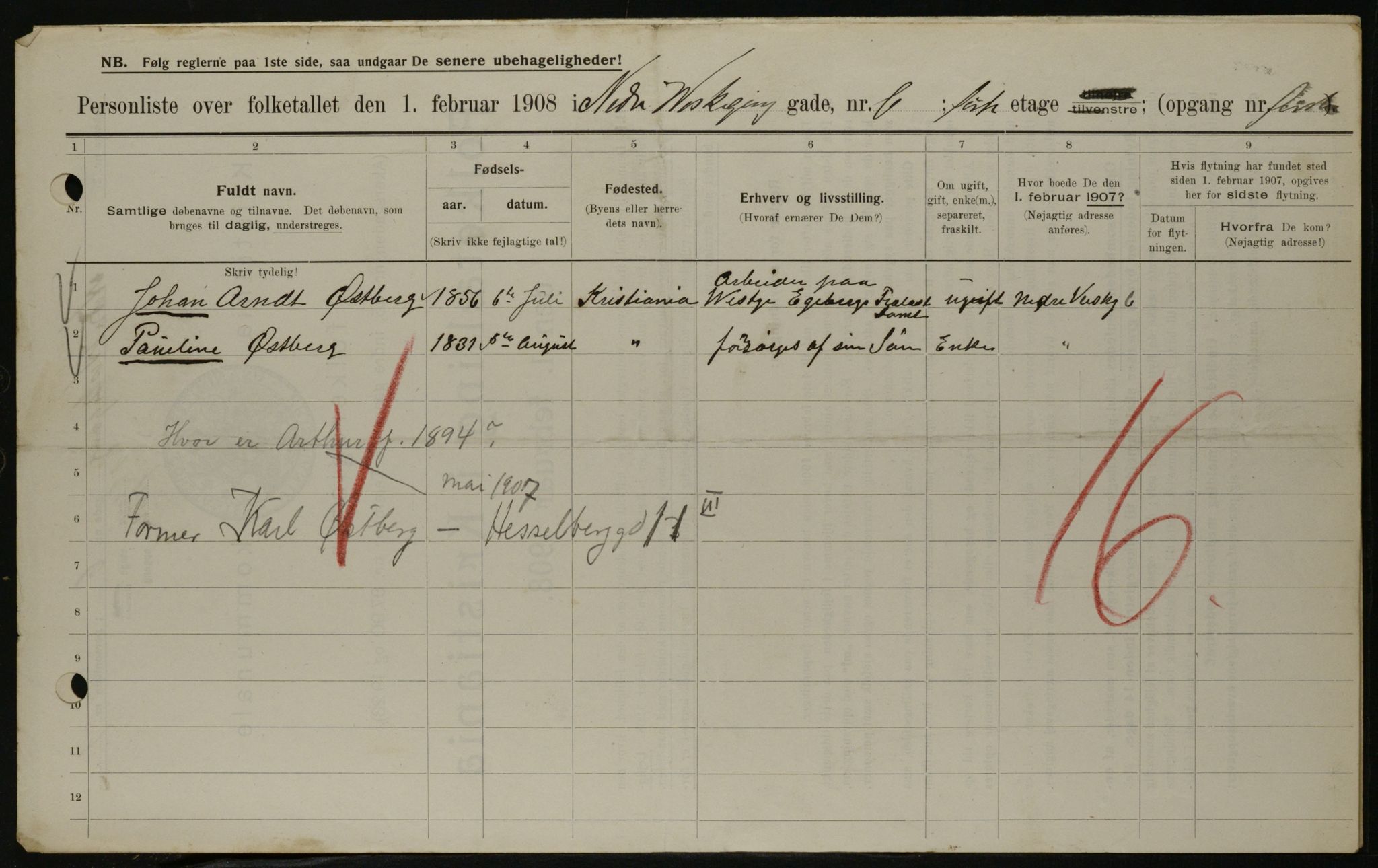 OBA, Municipal Census 1908 for Kristiania, 1908, p. 62345