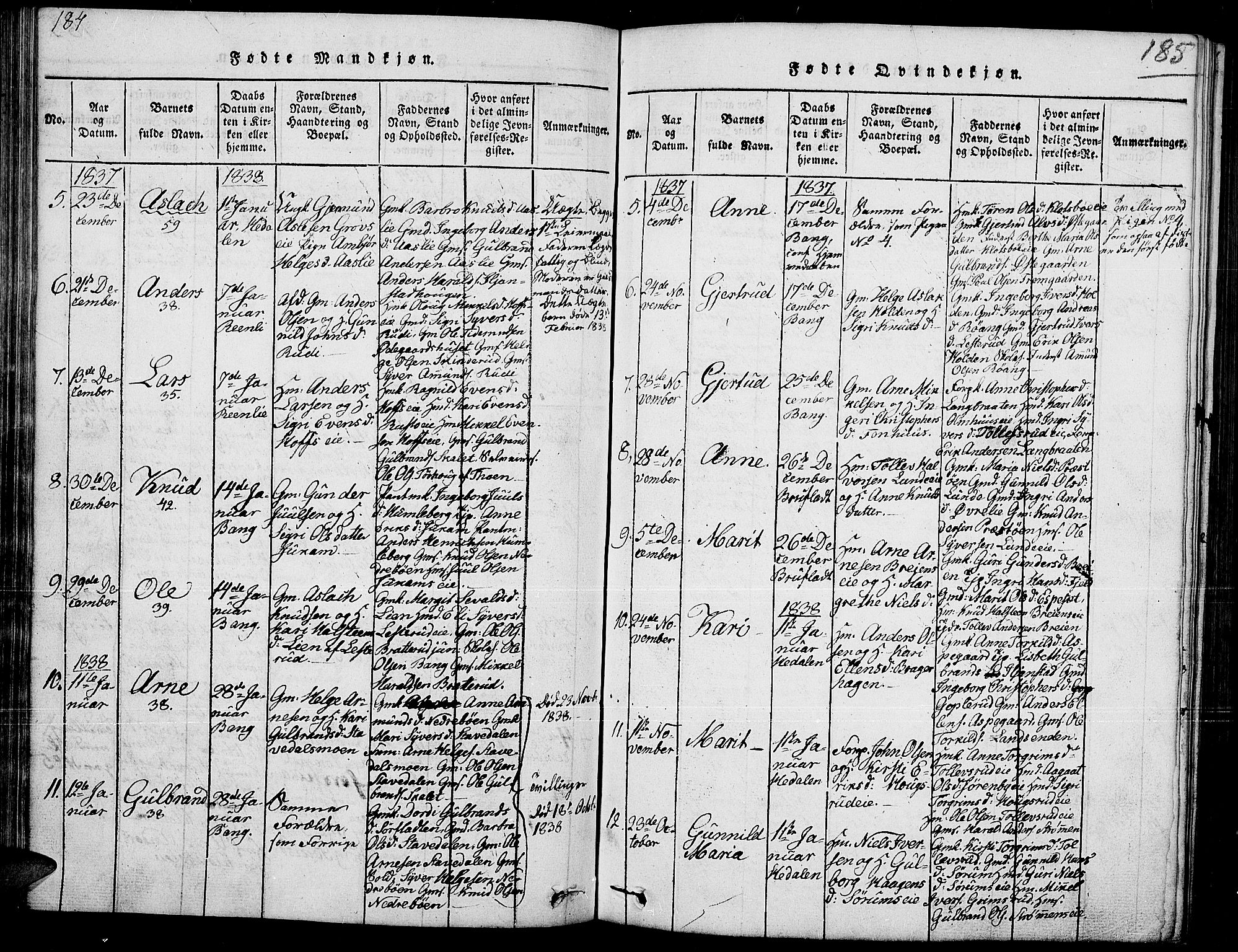 Sør-Aurdal prestekontor, SAH/PREST-128/H/Ha/Hab/L0002: Parish register (copy) no. 2, 1826-1840, p. 184-185