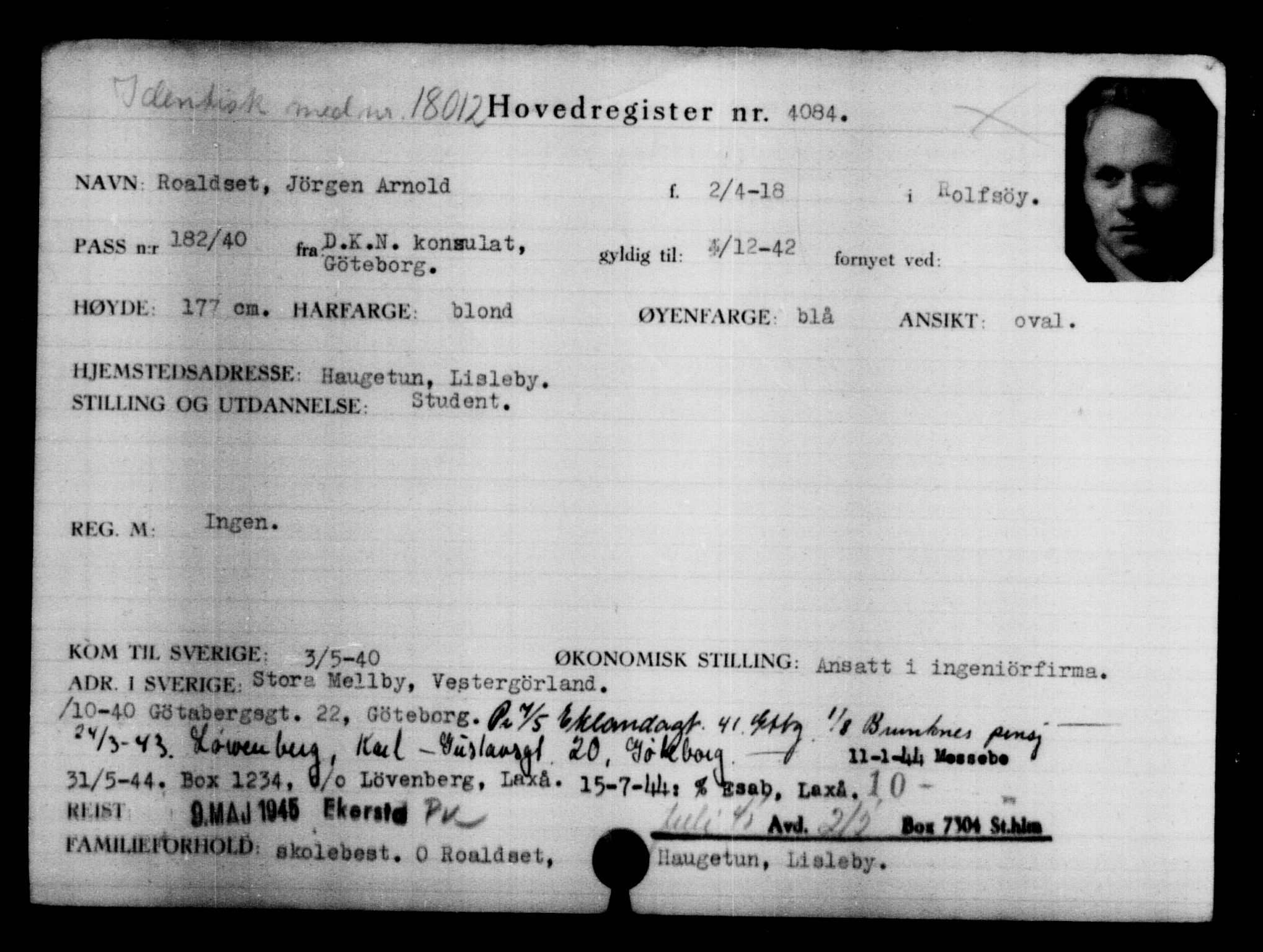 Utenriksstasjonene, Legasjonen i Stockholm, Flyktningkontoret, AV/RA-S-6753/V/Va/L0004: Kjesäterkartoteket, flyktninger med registreringsnr. 3496-6610, 1940-1945, p. 694