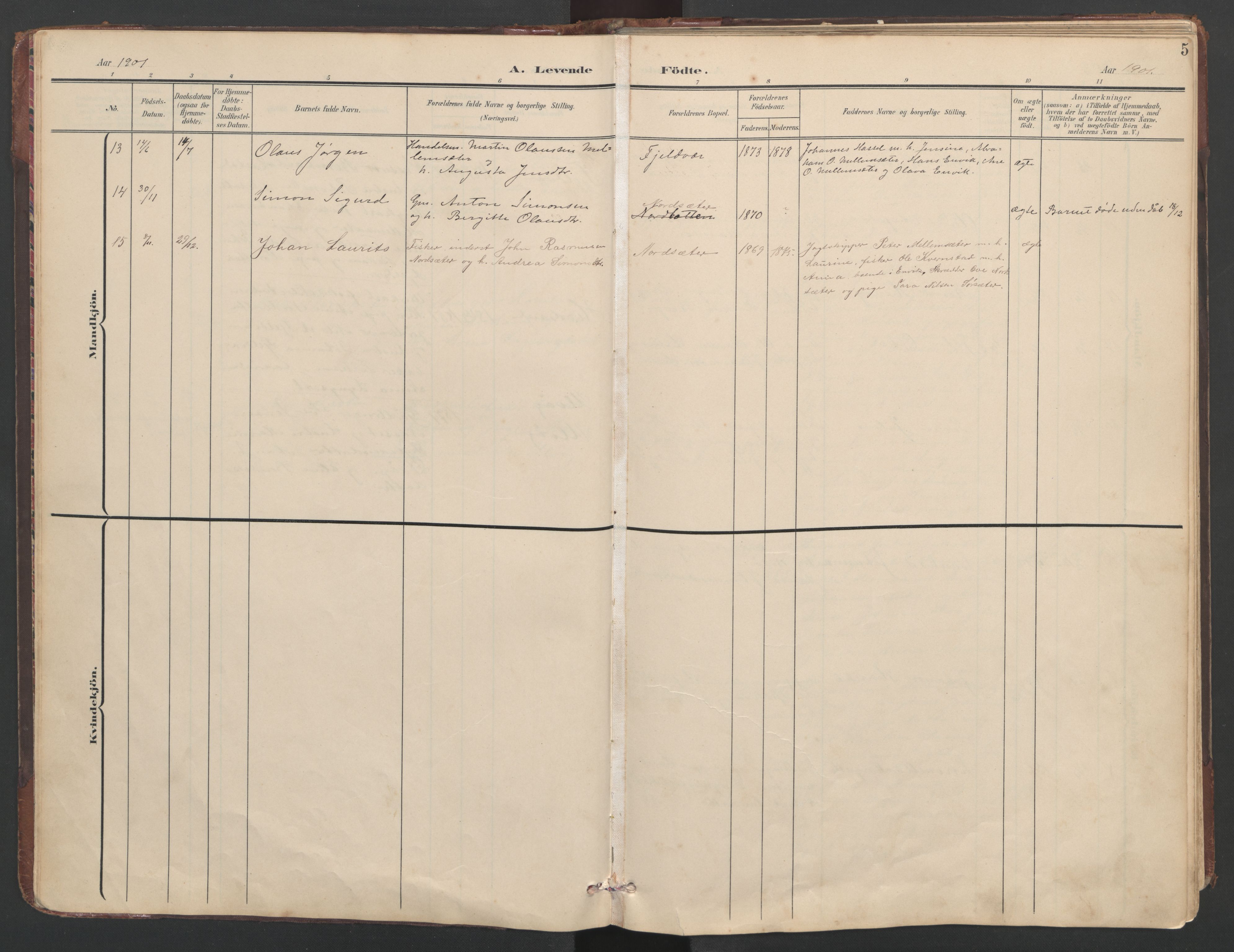 Ministerialprotokoller, klokkerbøker og fødselsregistre - Sør-Trøndelag, SAT/A-1456/638/L0571: Parish register (copy) no. 638C03, 1901-1930, p. 5