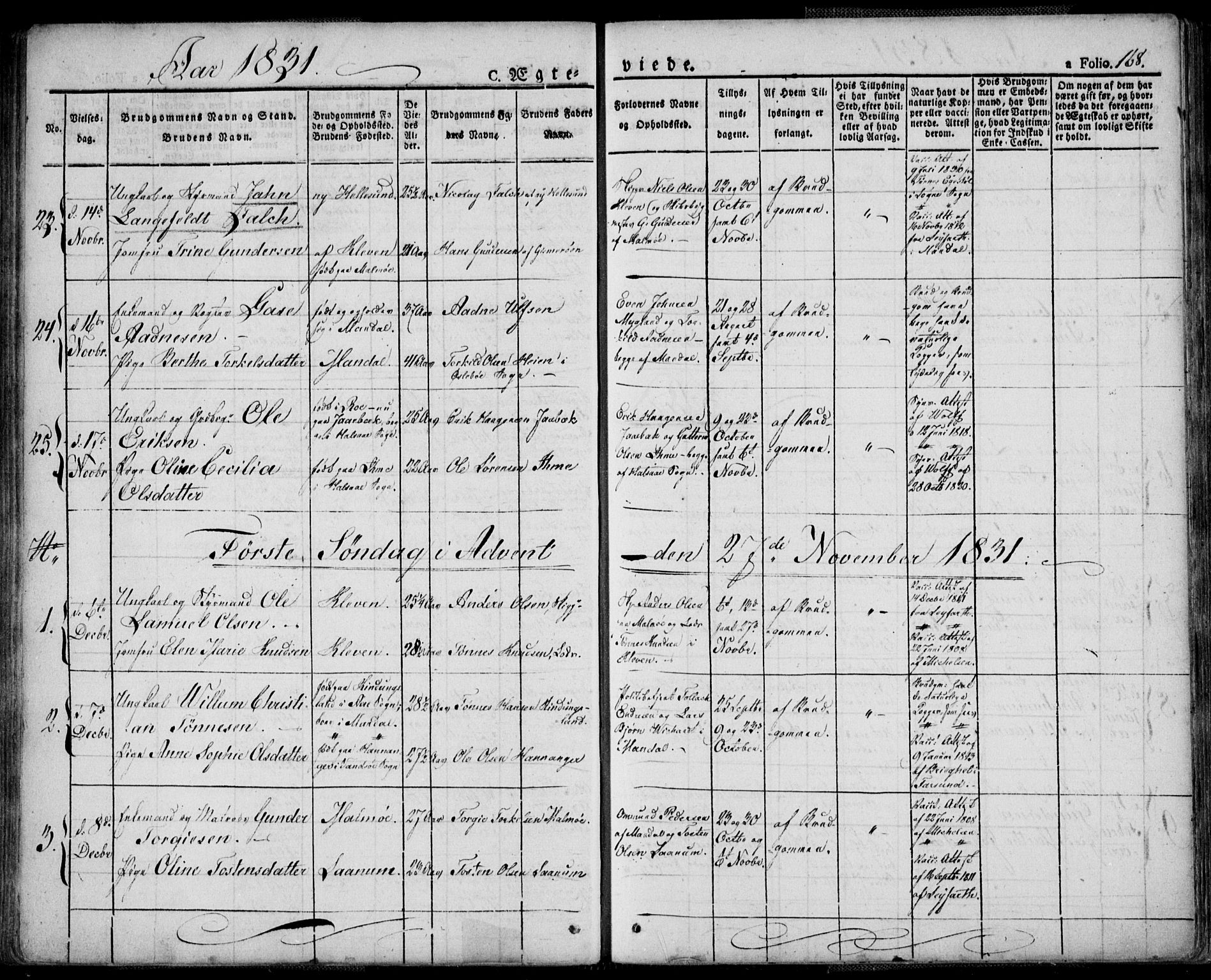 Mandal sokneprestkontor, SAK/1111-0030/F/Fa/Faa/L0011: Parish register (official) no. A 11, 1830-1839, p. 168