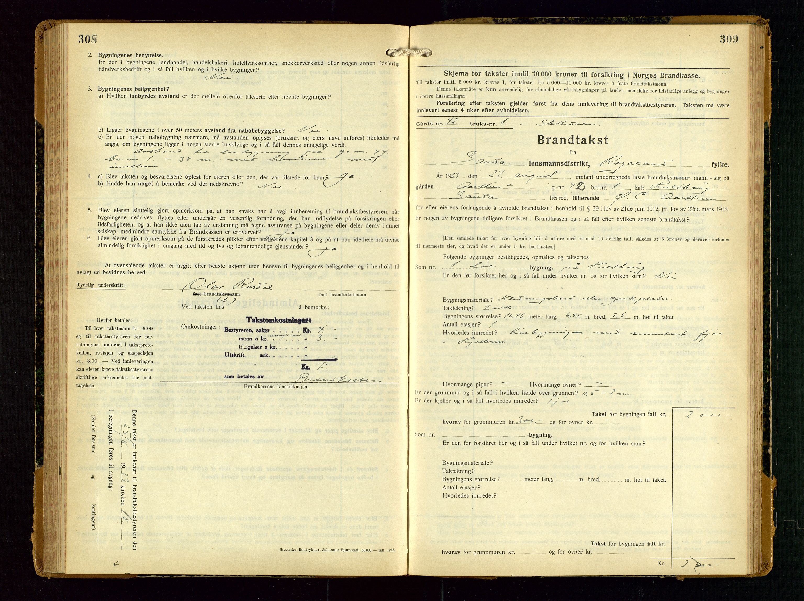 Sauda lensmannskontor, AV/SAST-A-100177/Gob/L0003: Branntakstprotokoll - skjematakst, 1928-1936, p. 308-309