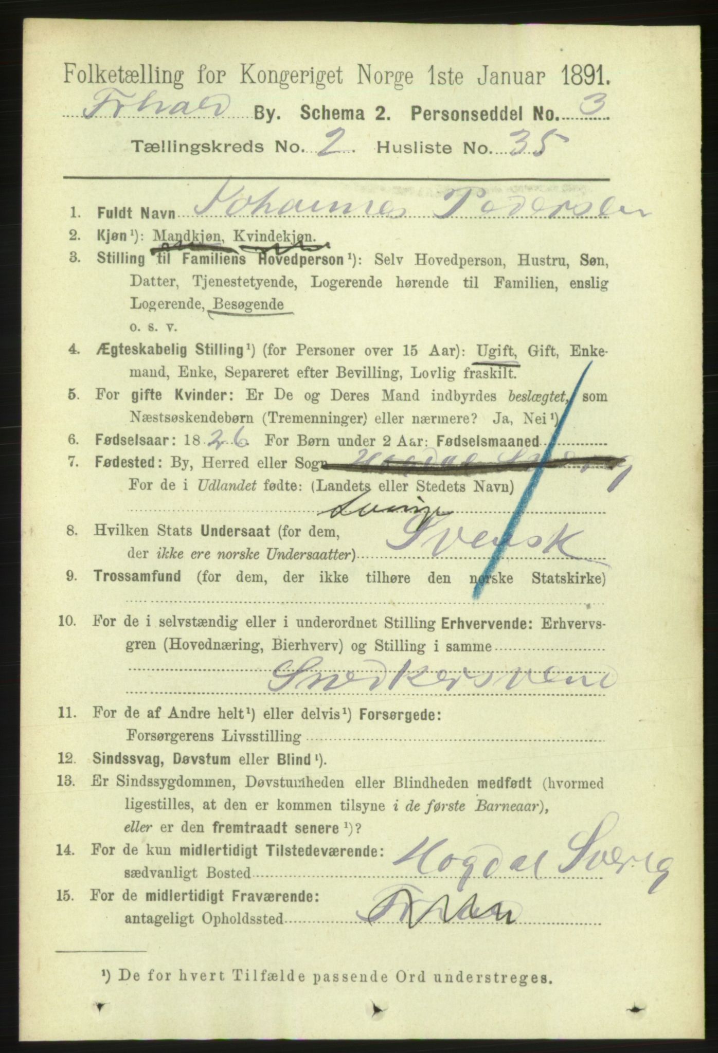 RA, 1891 census for 0101 Fredrikshald, 1891, p. 3113