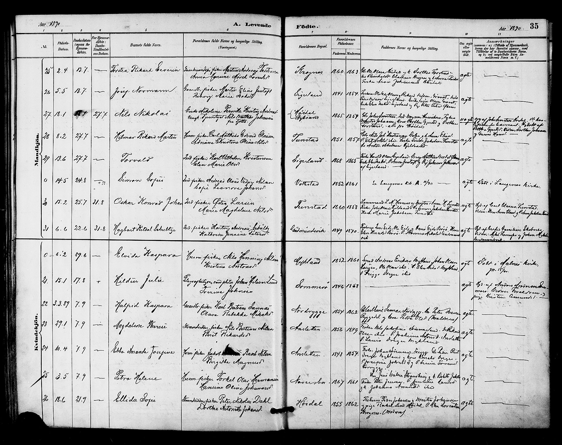 Ministerialprotokoller, klokkerbøker og fødselsregistre - Nordland, SAT/A-1459/893/L1337: Parish register (official) no. 893A09, 1885-1893, p. 35