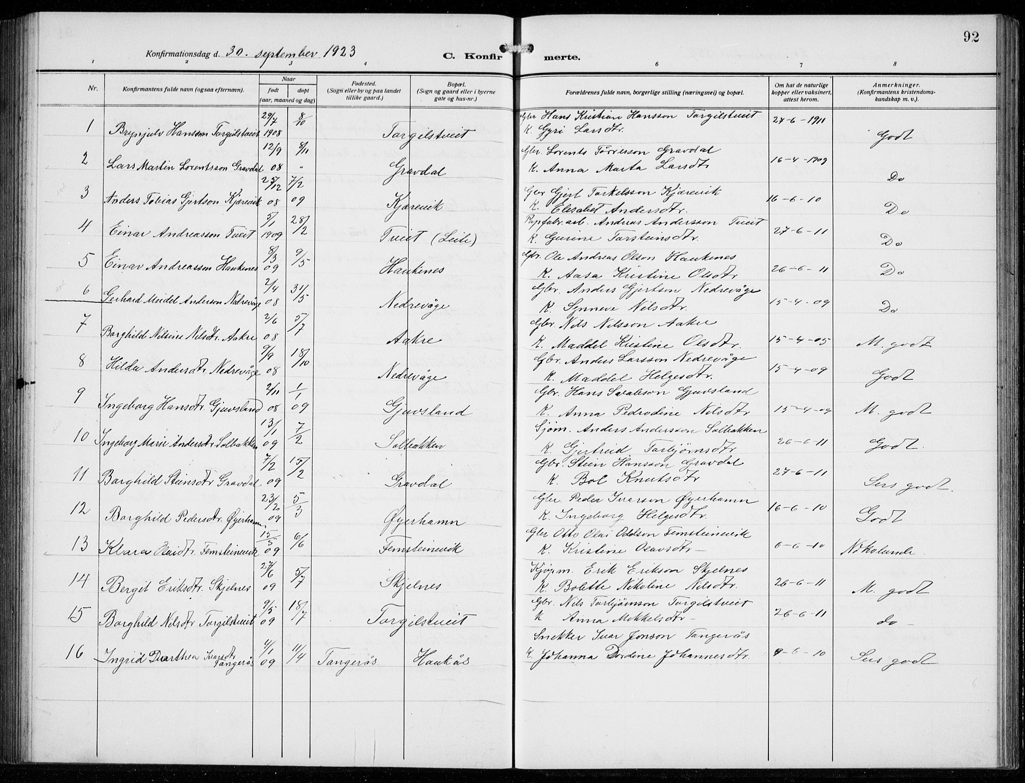 Strandebarm sokneprestembete, AV/SAB-A-78401/H/Hab: Parish register (copy) no. C  2, 1914-1935, p. 92