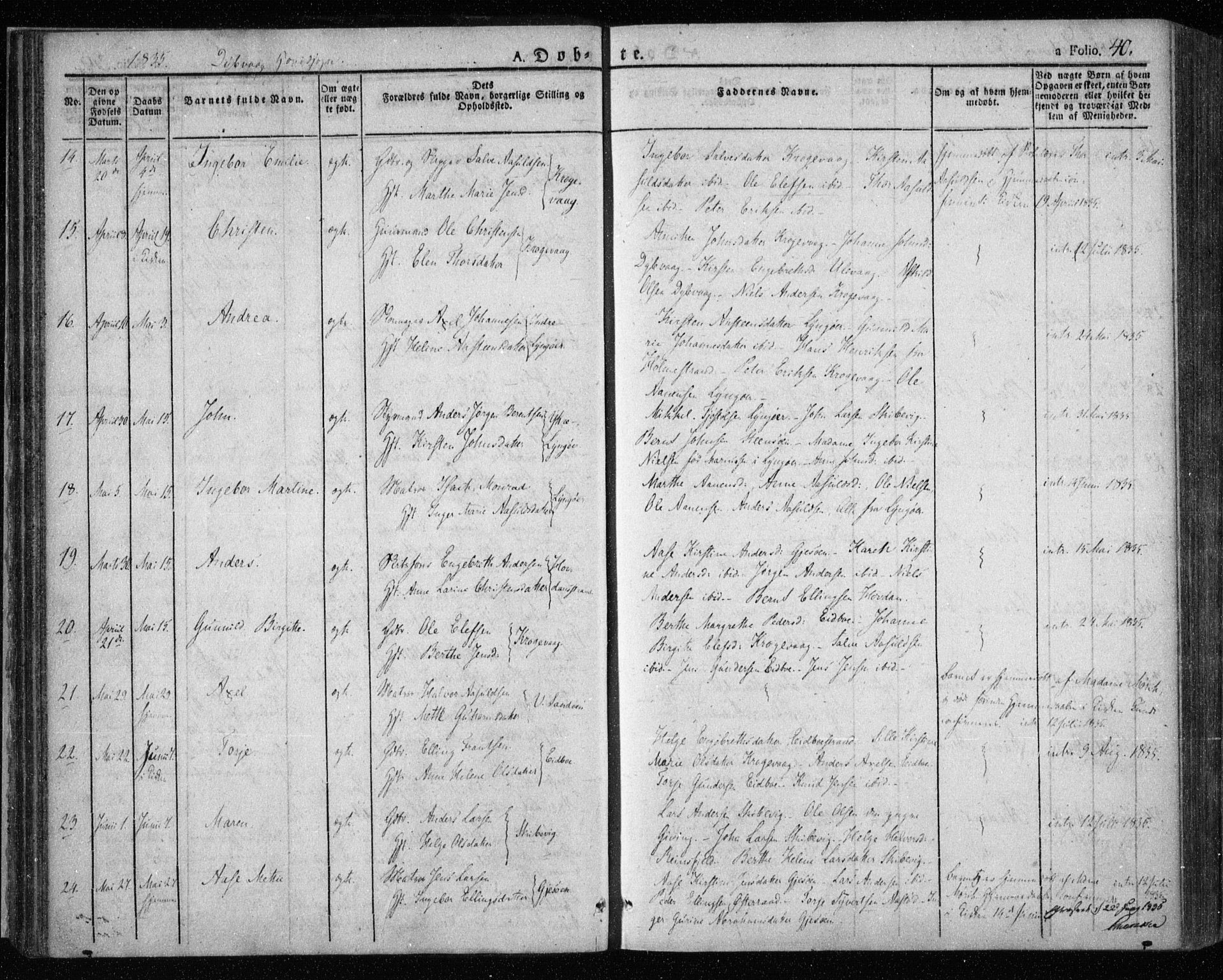 Dypvåg sokneprestkontor, AV/SAK-1111-0007/F/Fa/Faa/L0004: Parish register (official) no. A 4, 1824-1840, p. 40