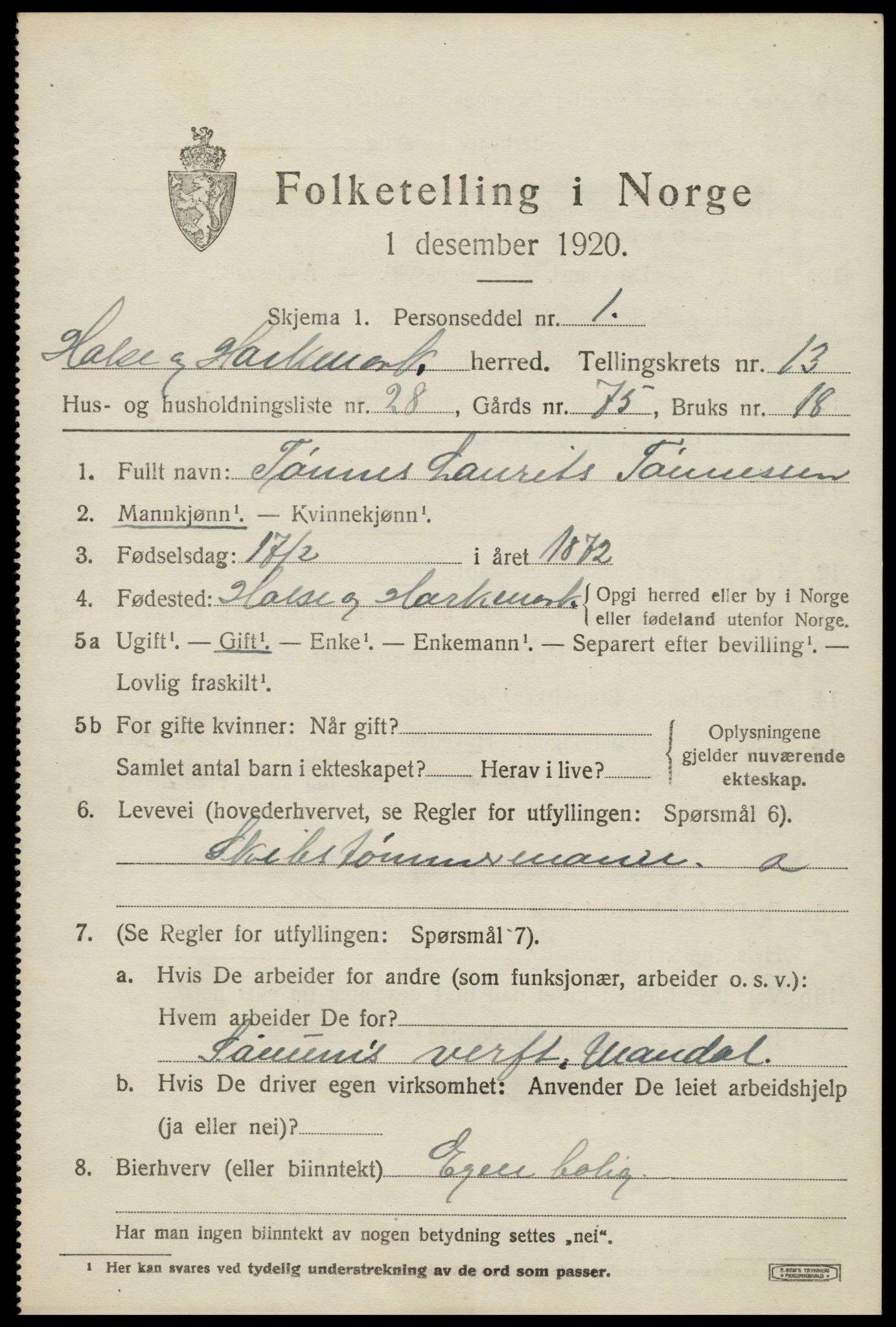 SAK, 1920 census for Halse og Harkmark, 1920, p. 7237