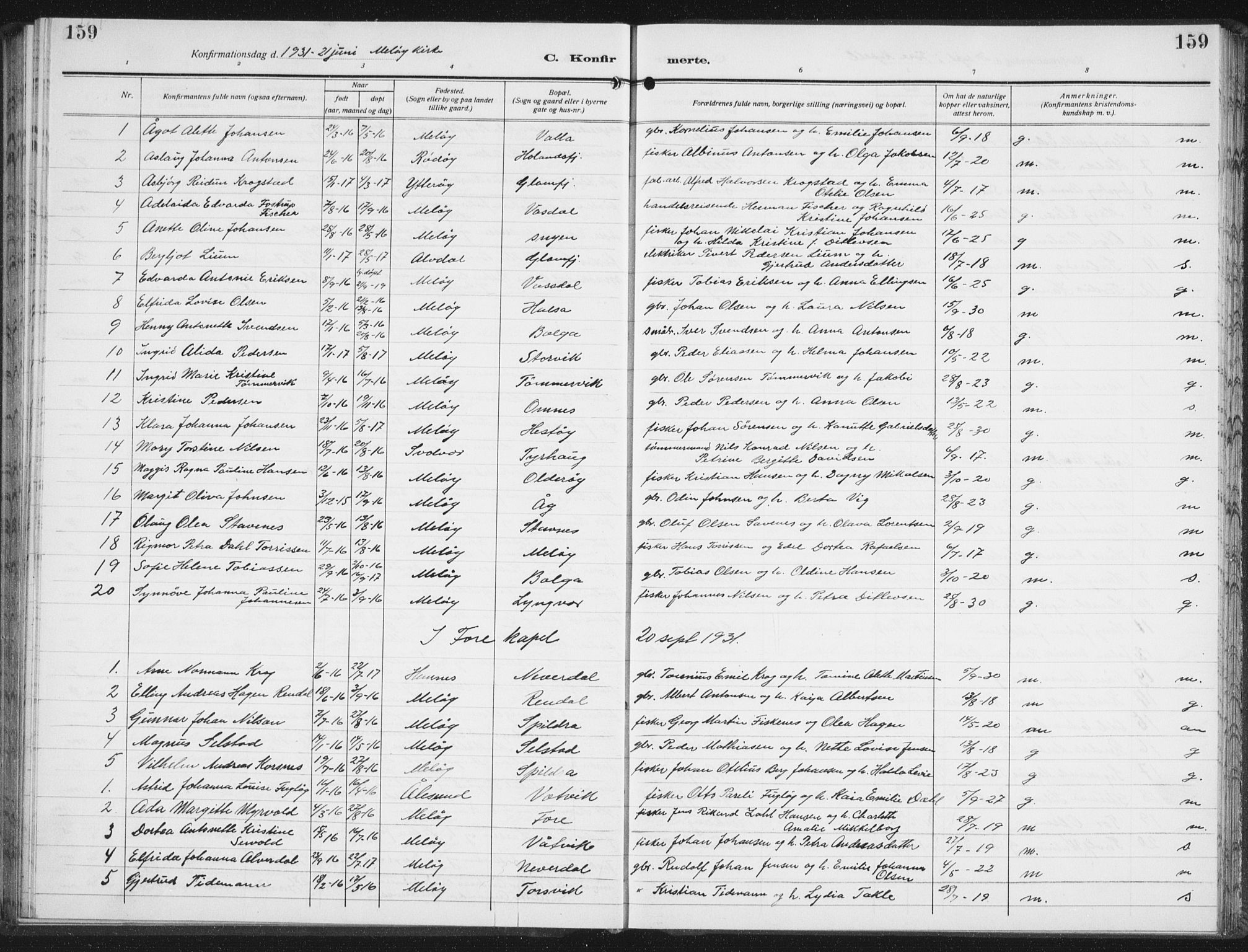 Ministerialprotokoller, klokkerbøker og fødselsregistre - Nordland, SAT/A-1459/843/L0640: Parish register (copy) no. 843C09, 1925-1941, p. 159
