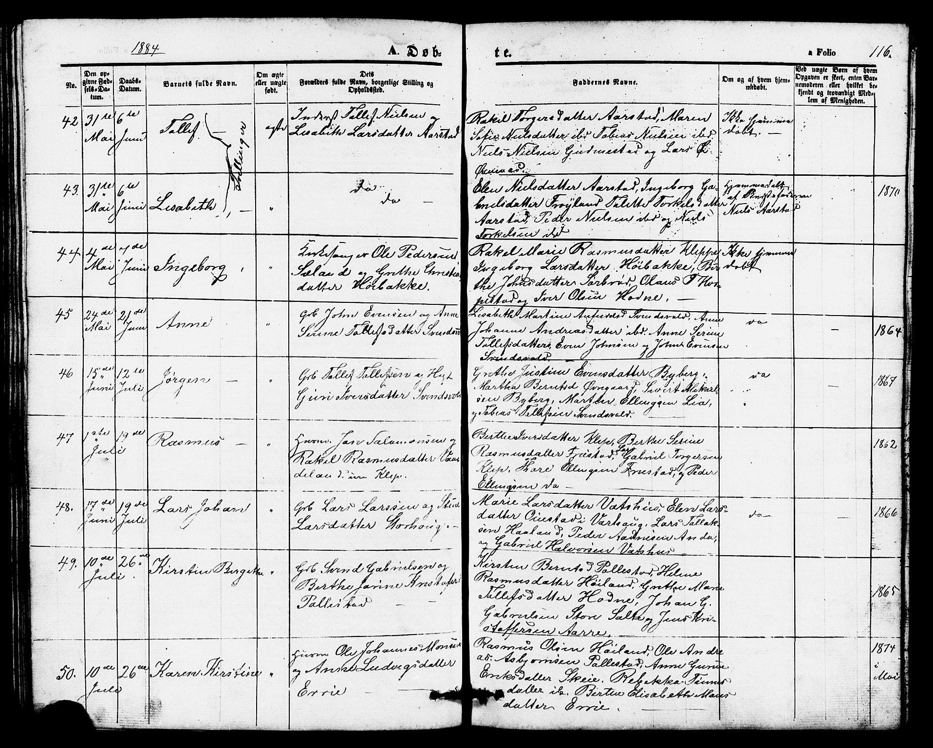 Klepp sokneprestkontor, AV/SAST-A-101803/001/3/30BB/L0002: Parish register (copy) no. B 2, 1860-1875, p. 116