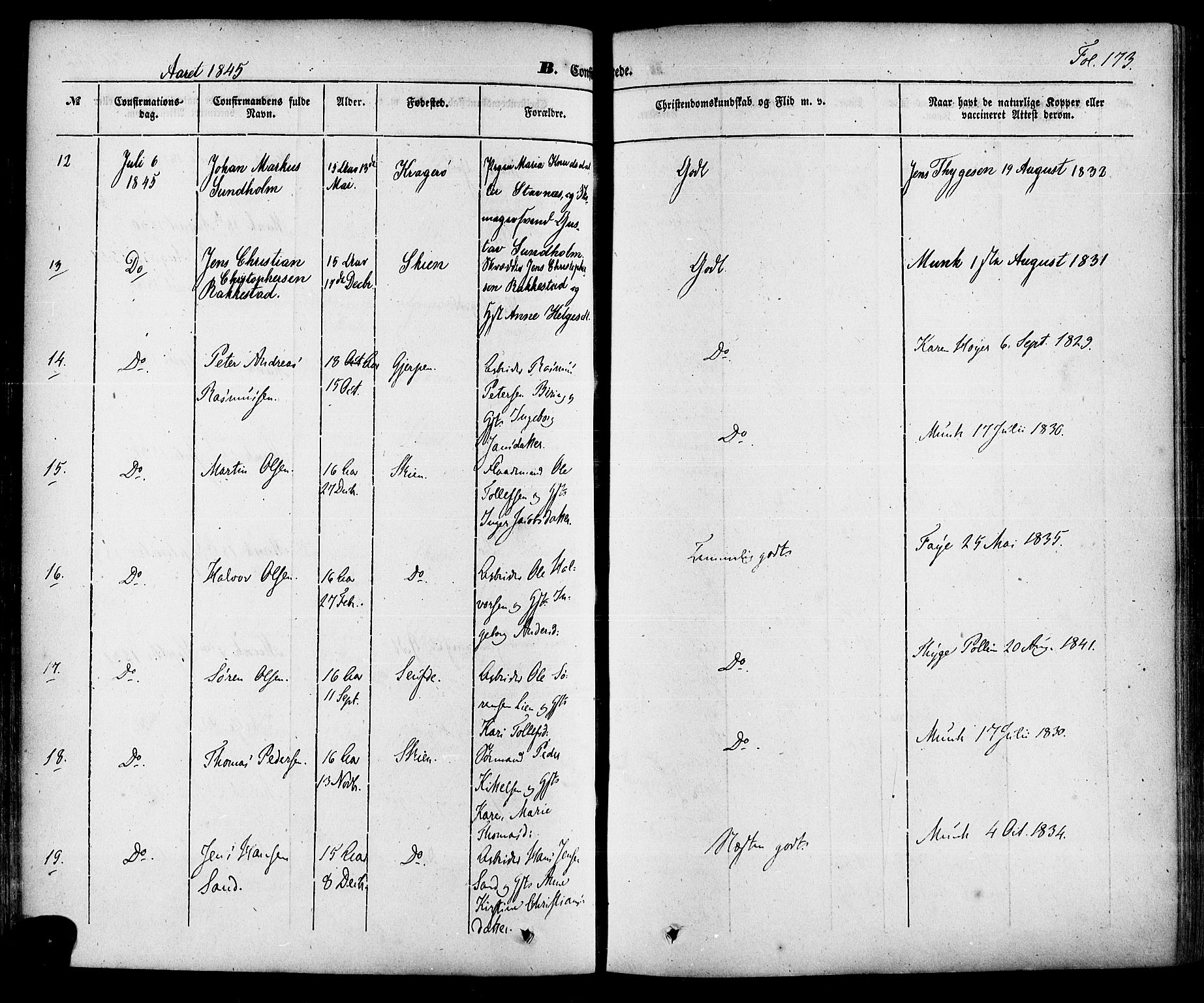 Skien kirkebøker, AV/SAKO-A-302/F/Fa/L0006a: Parish register (official) no. 6A, 1843-1856, p. 173