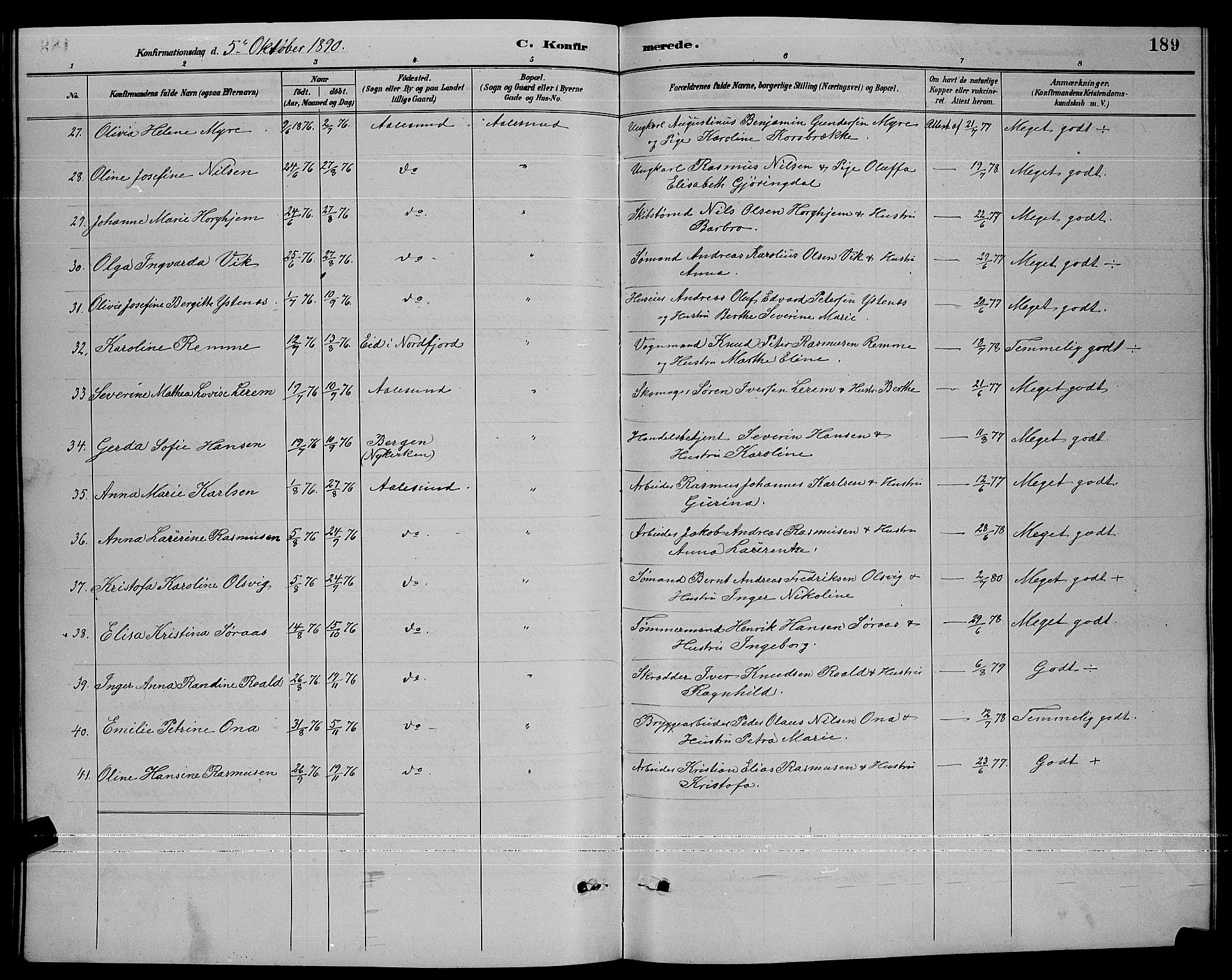 Ministerialprotokoller, klokkerbøker og fødselsregistre - Møre og Romsdal, AV/SAT-A-1454/529/L0467: Parish register (copy) no. 529C04, 1889-1897, p. 189