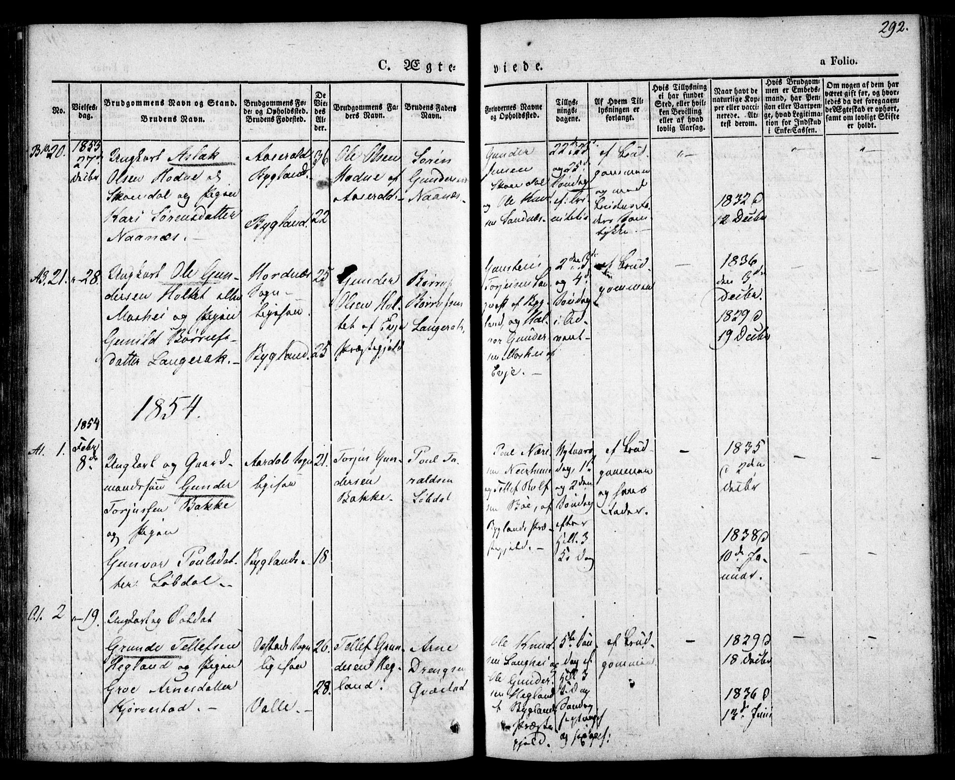 Bygland sokneprestkontor, SAK/1111-0006/F/Fa/Fab/L0004: Parish register (official) no. A 4, 1842-1858, p. 292