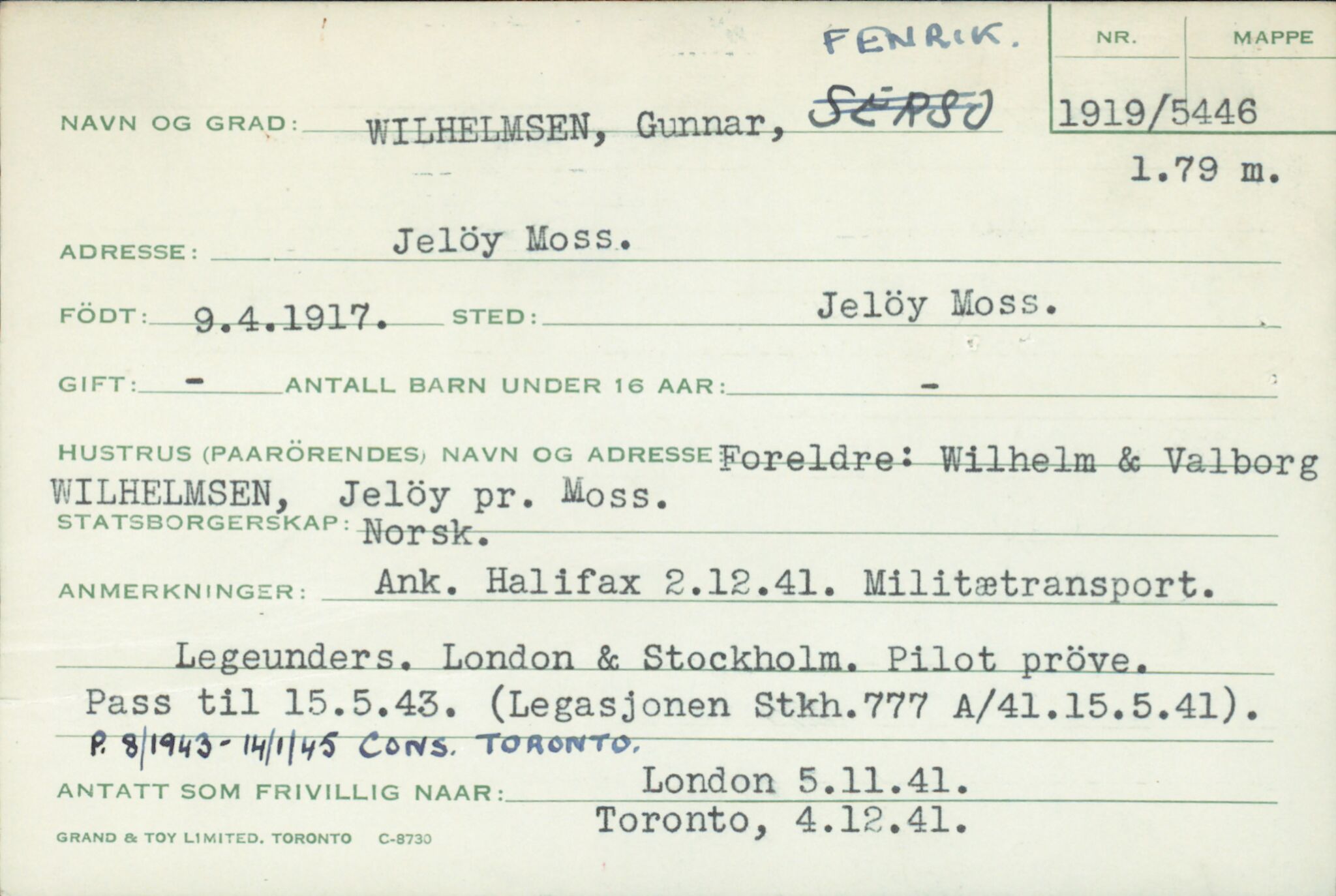 Forsvaret, Forsvarets overkommando/Luftforsvarsstaben, RA/RAFA-4079/P/Pa/L0052: Personellpapirer, 1917, p. 523