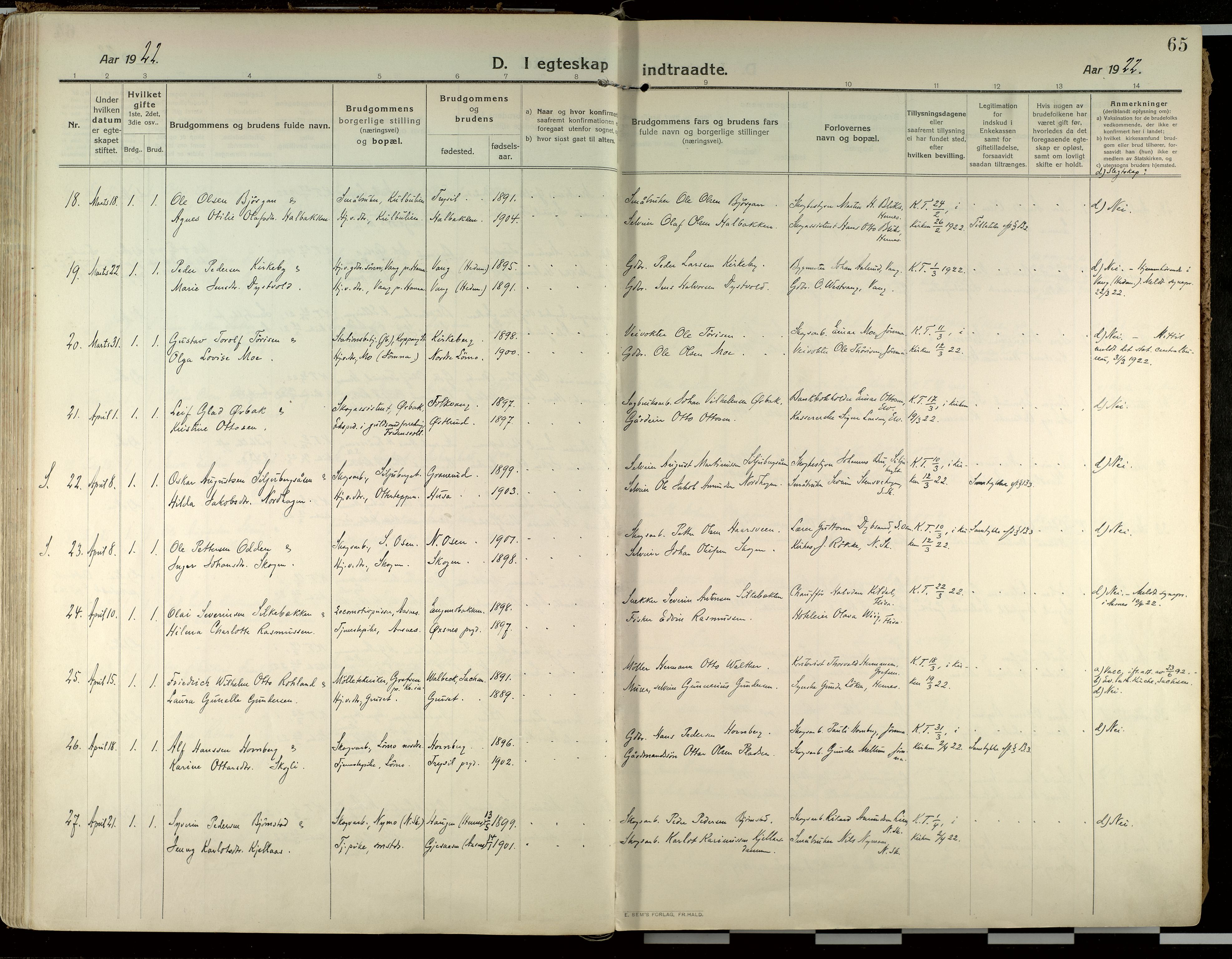 Elverum prestekontor, AV/SAH-PREST-044/H/Ha/Haa/L0021: Parish register (official) no. 21, 1913-1928, p. 65