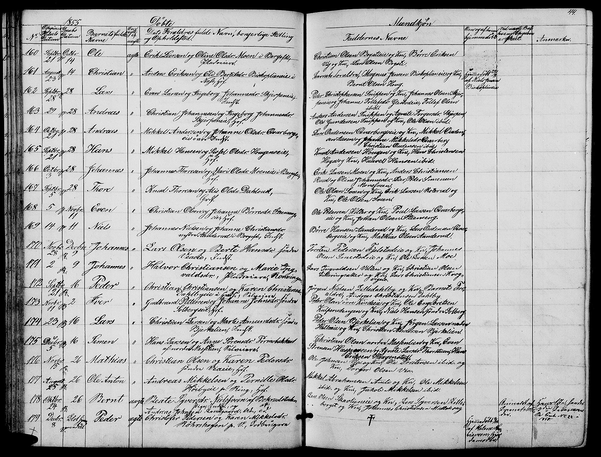 Ringsaker prestekontor, SAH/PREST-014/L/La/L0006: Parish register (copy) no. 6, 1851-1860, p. 44